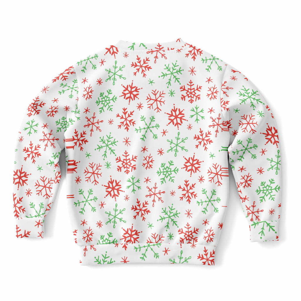 Kids Red & Green Snowflakes Christmas Sweatshirt – Ultra Soft & Stretchy, Cozy Fleece or Lightweight Sports Fabric Sweatshirt – Ultra Soft & Stretchy, Cozy Fleece or Lightweight Sports Fabric