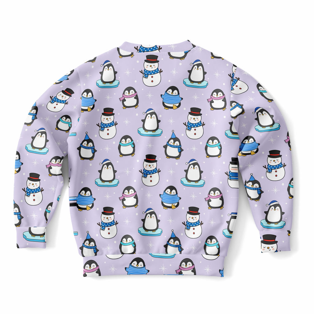 Kids Purple Penguin & Snowman Christmas Sweatshirt – Ultra Soft & Stretchy, Cozy Fleece or Lightweight Sports Fabric Sweatshirt – Ultra Soft & Stretchy, Cozy Fleece or Lightweight Sports Fabric