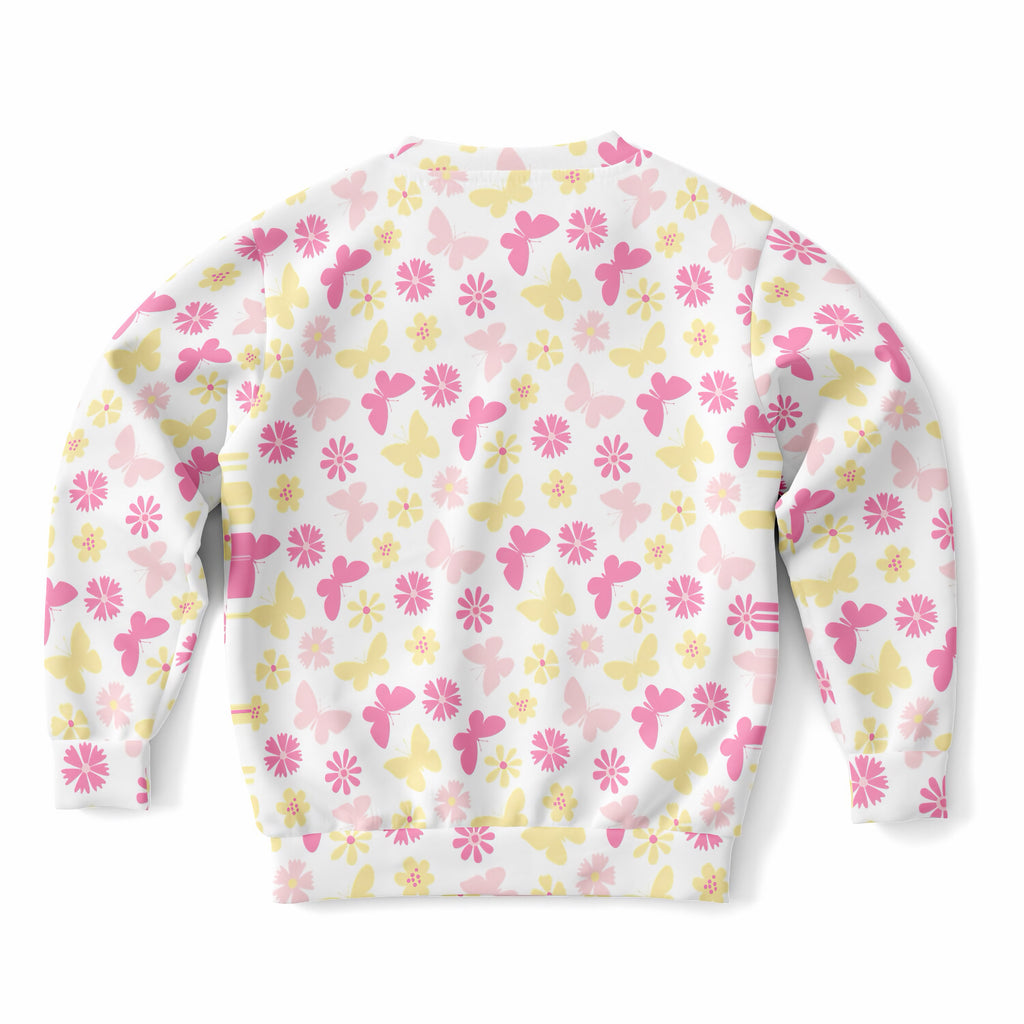 Girls Pink & Yellow Butterfly Sweatshirt – Ultra Soft & Stretchy, Cozy Fleece or Lightweight Sports Fabric Sweatshirt – Ultra Soft & Stretchy, Cozy Fleece or Lightweight Sports Fabric