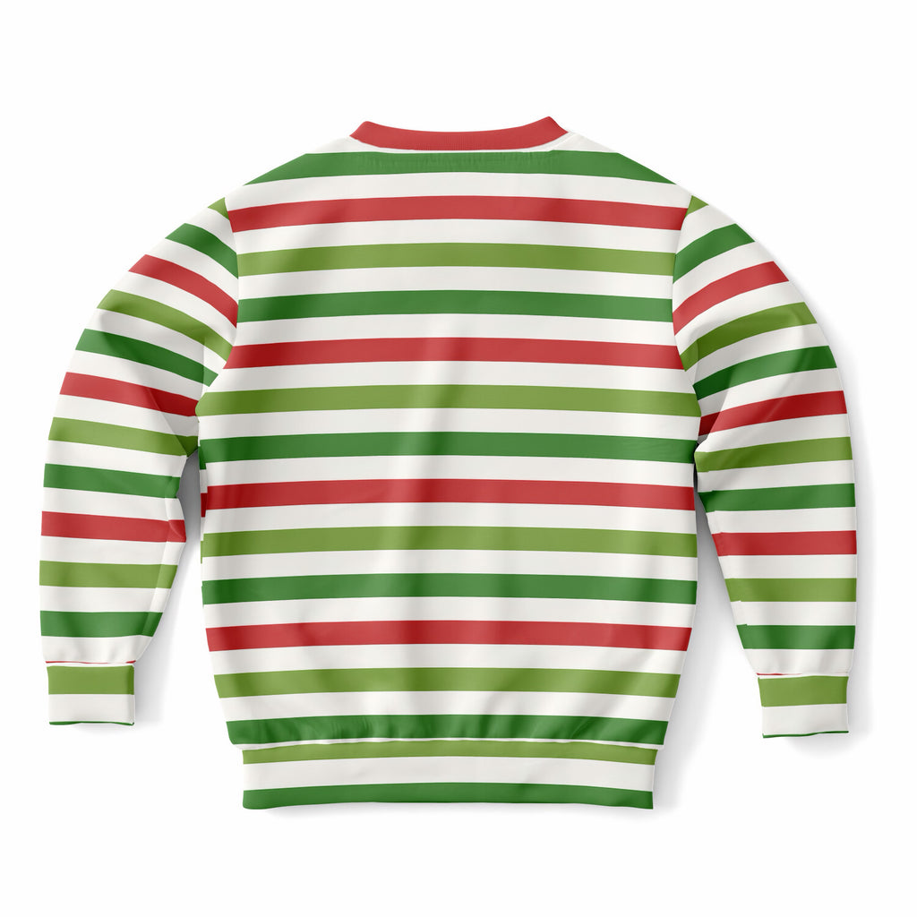 Kids Red Green & White Christmas Striped Sweatshirt – Ultra Soft & Stretchy, Cozy Fleece or Lightweight Sports Fabric Sweatshirt – Ultra Soft & Stretchy, Cozy Fleece or Lightweight Sports Fabric