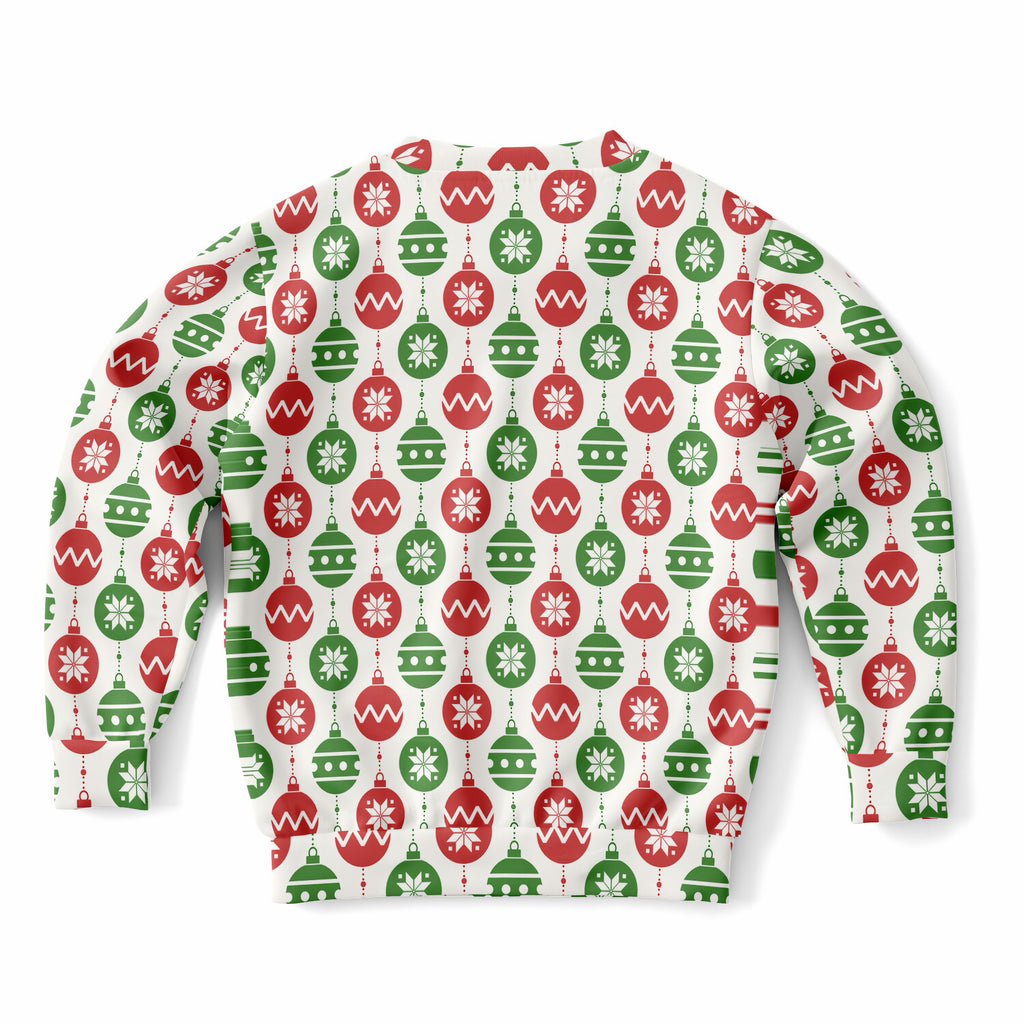 Kids Red & Green Christmas Ornament Sweatshirt – Ultra Soft & Stretchy, Cozy Fleece or Lightweight Sports Fabric Sweatshirt – Ultra Soft & Stretchy, Cozy Fleece or Lightweight Sports Fabric