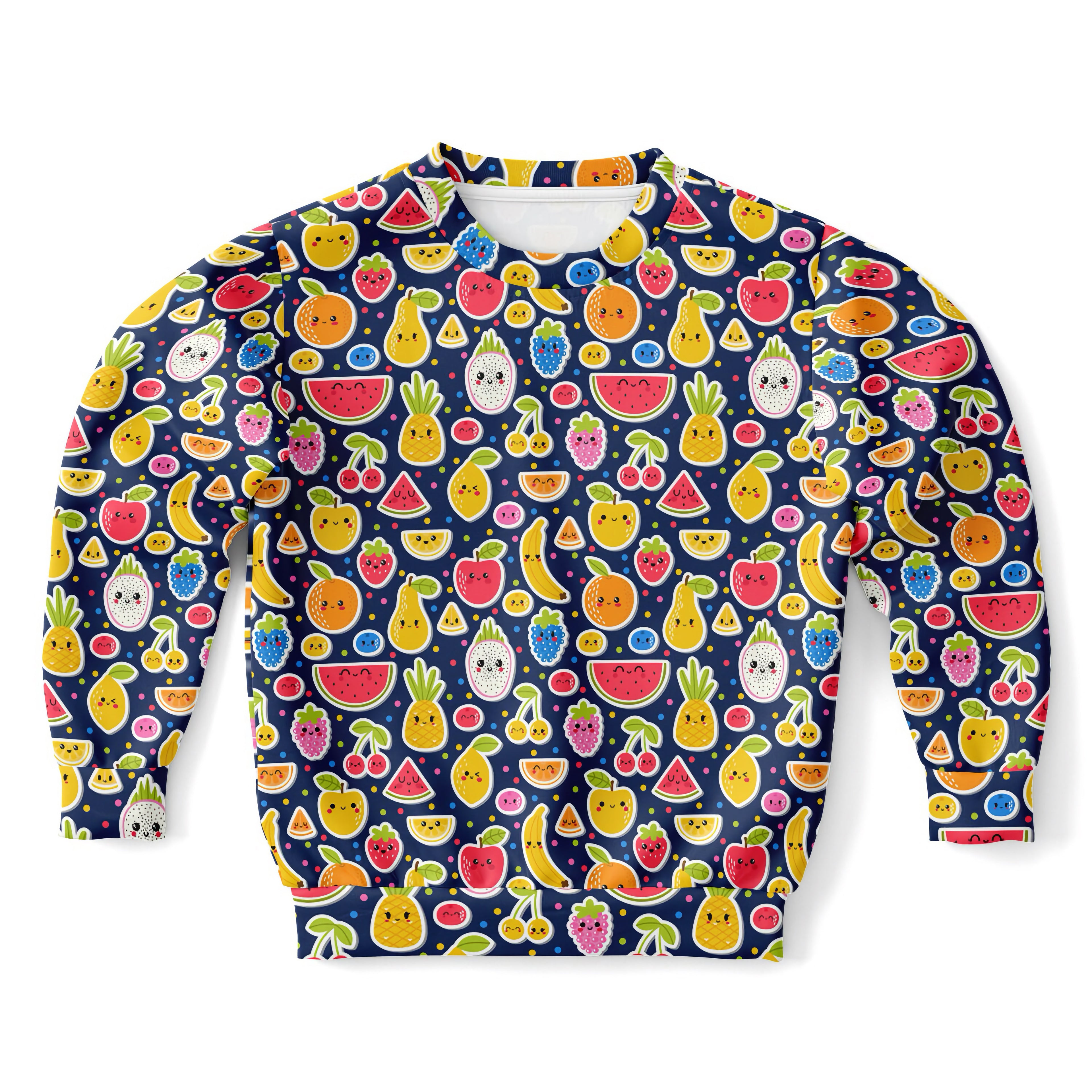 Girls emoji fruit sweatshirt navy blue long-sleeved cozy cotton fleece with playful cartoon fruit print