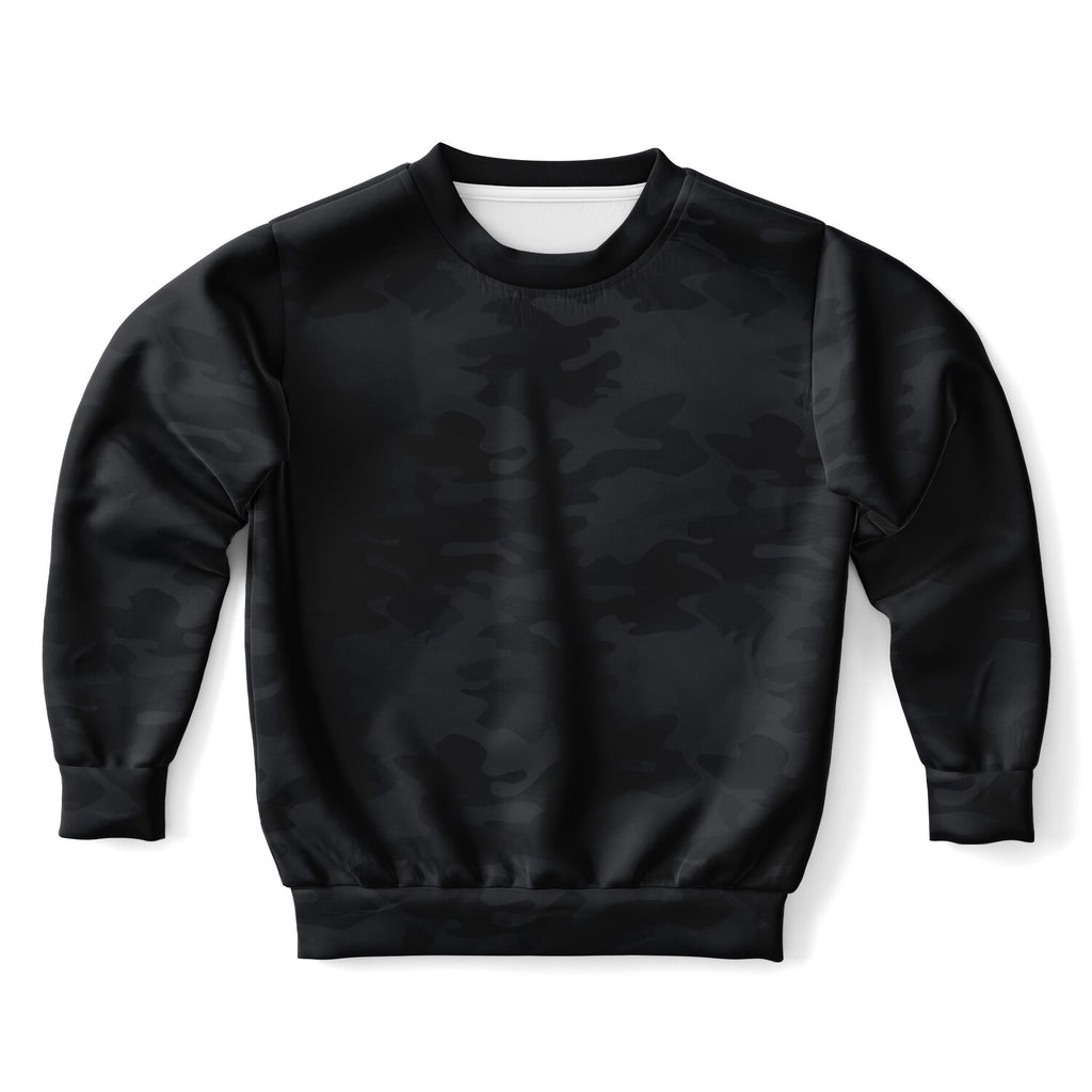 Kids black camouflage sweatshirt with white inner lining made of cozy cotton fleece or lightweight sports fabric