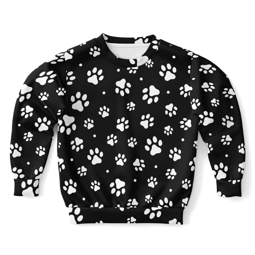 Black kids sweatshirt with white paw print pattern made from cozy cotton fleece or lightweight sports fabric