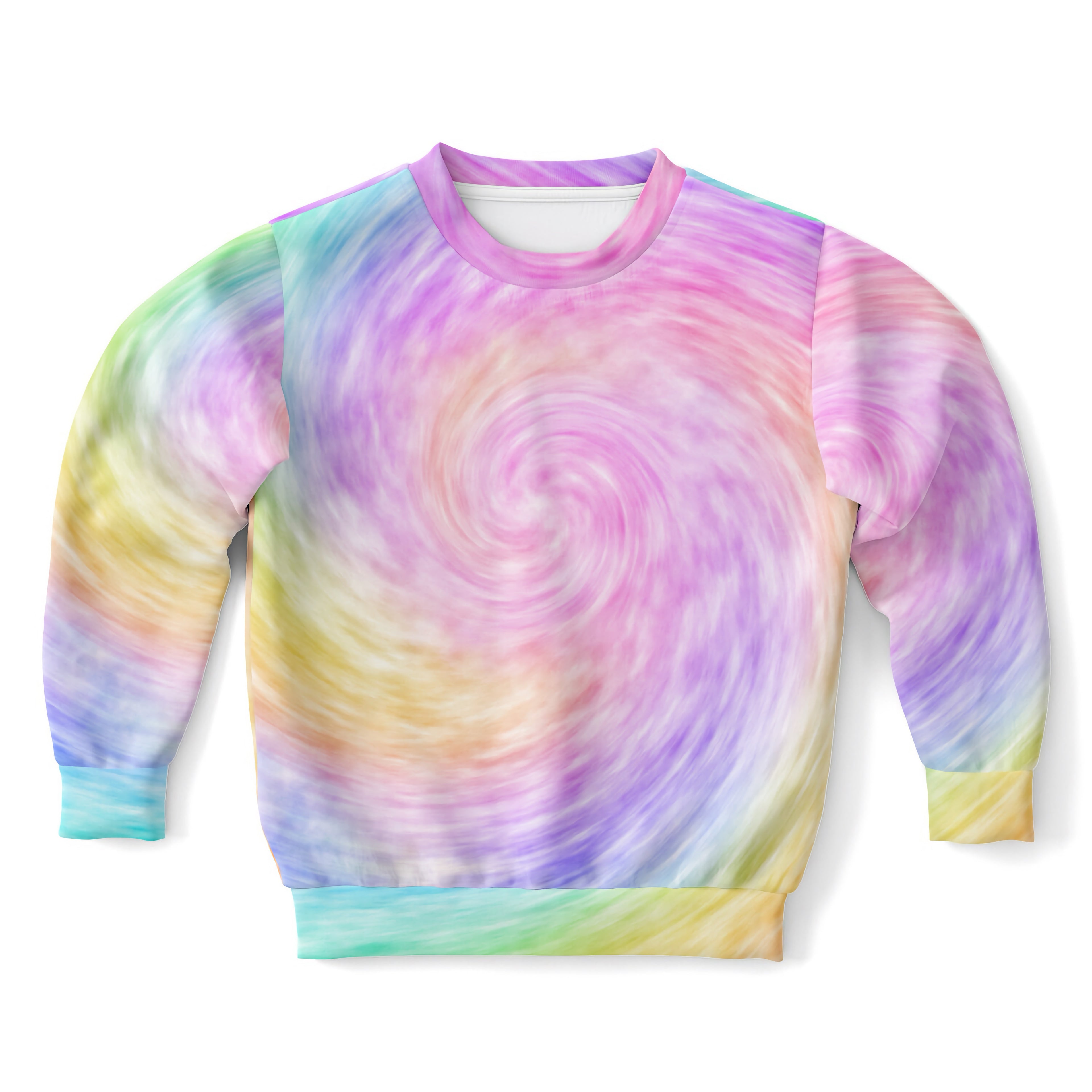 Kids faux rainbow tie dye sweatshirt with pastel pink purple blue yellow swirl pattern in cozy cotton fleece