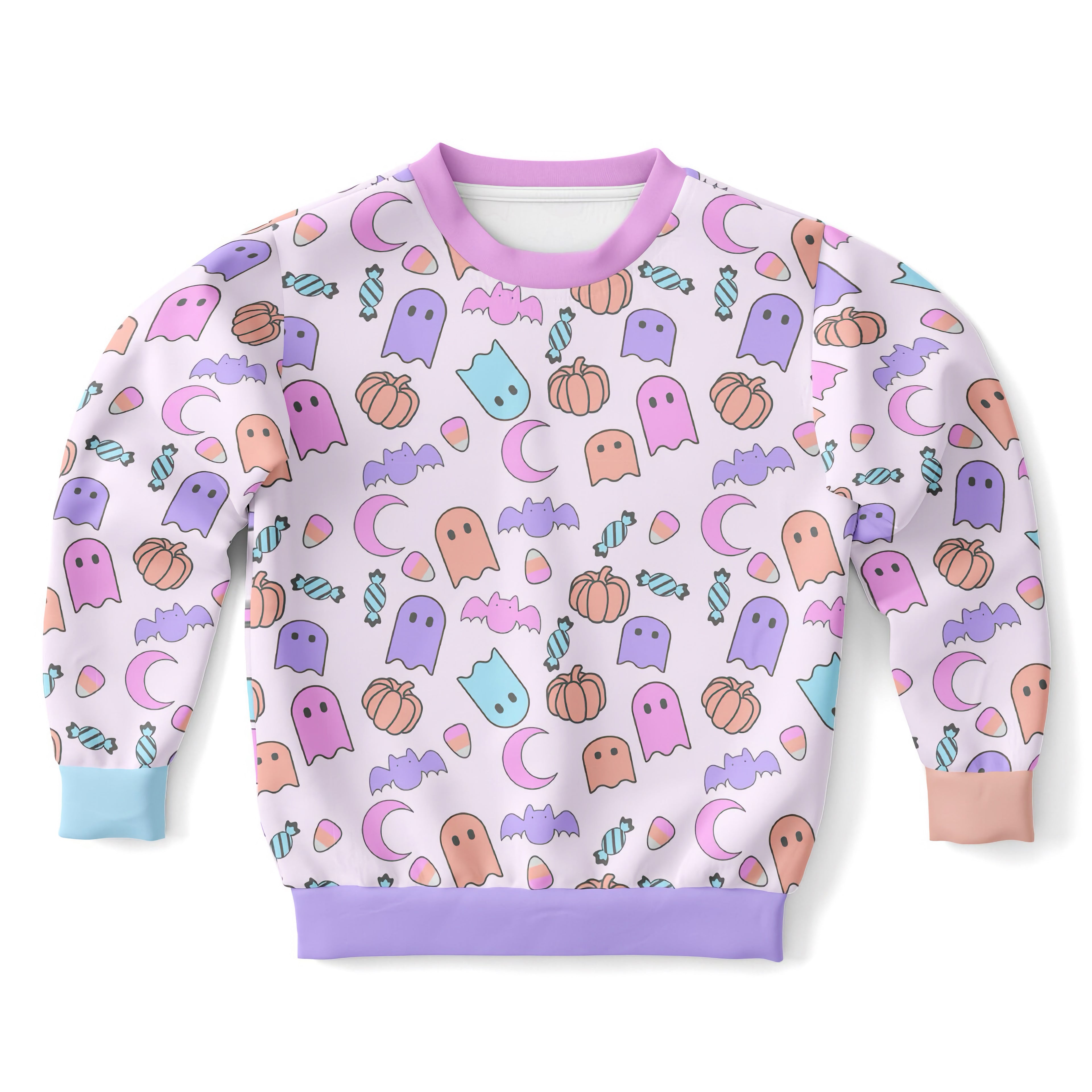 Girls ghost halloween sweatshirt with pastel ghost pumpkin bat candy print in cozy cotton fleece or lightweight fabric