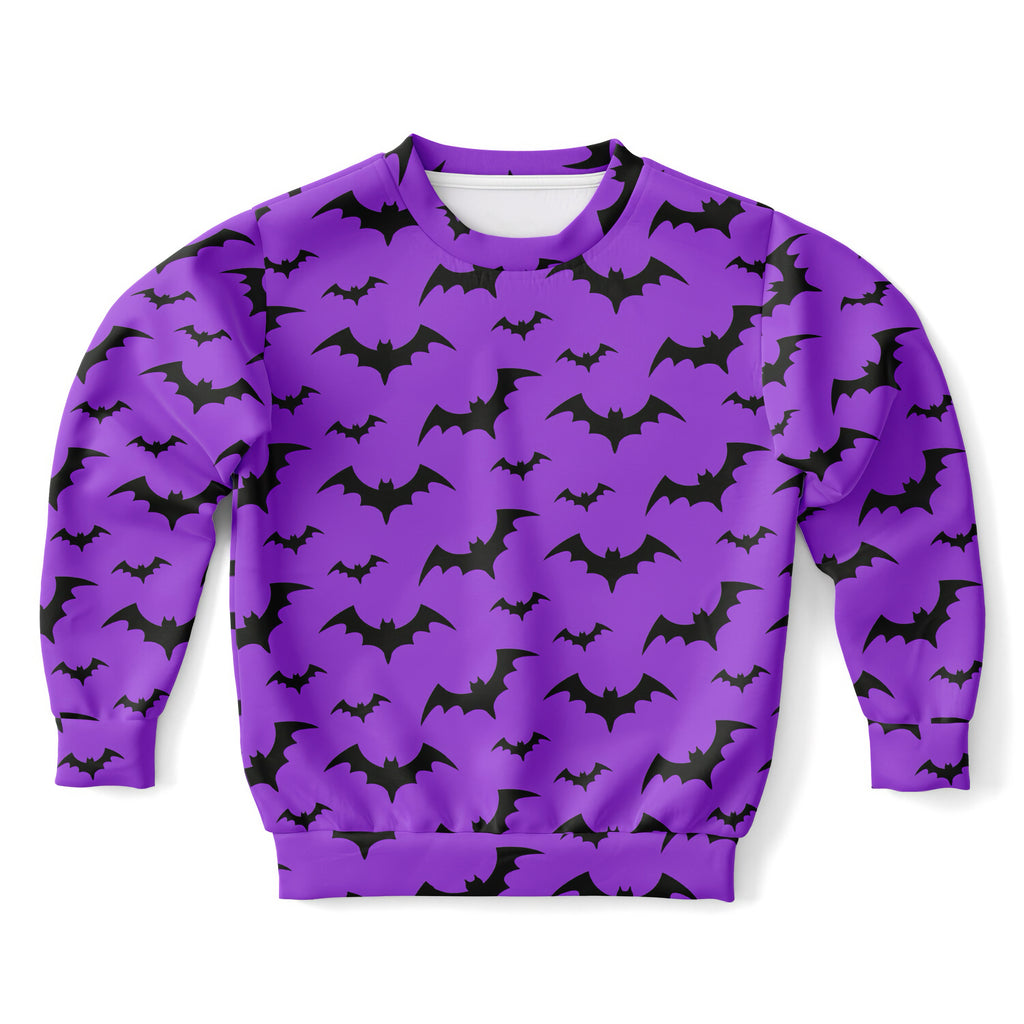 Kids purple sweatshirt with black bat patterns made of cozy cotton fleece or lightweight sports fabric for halloween