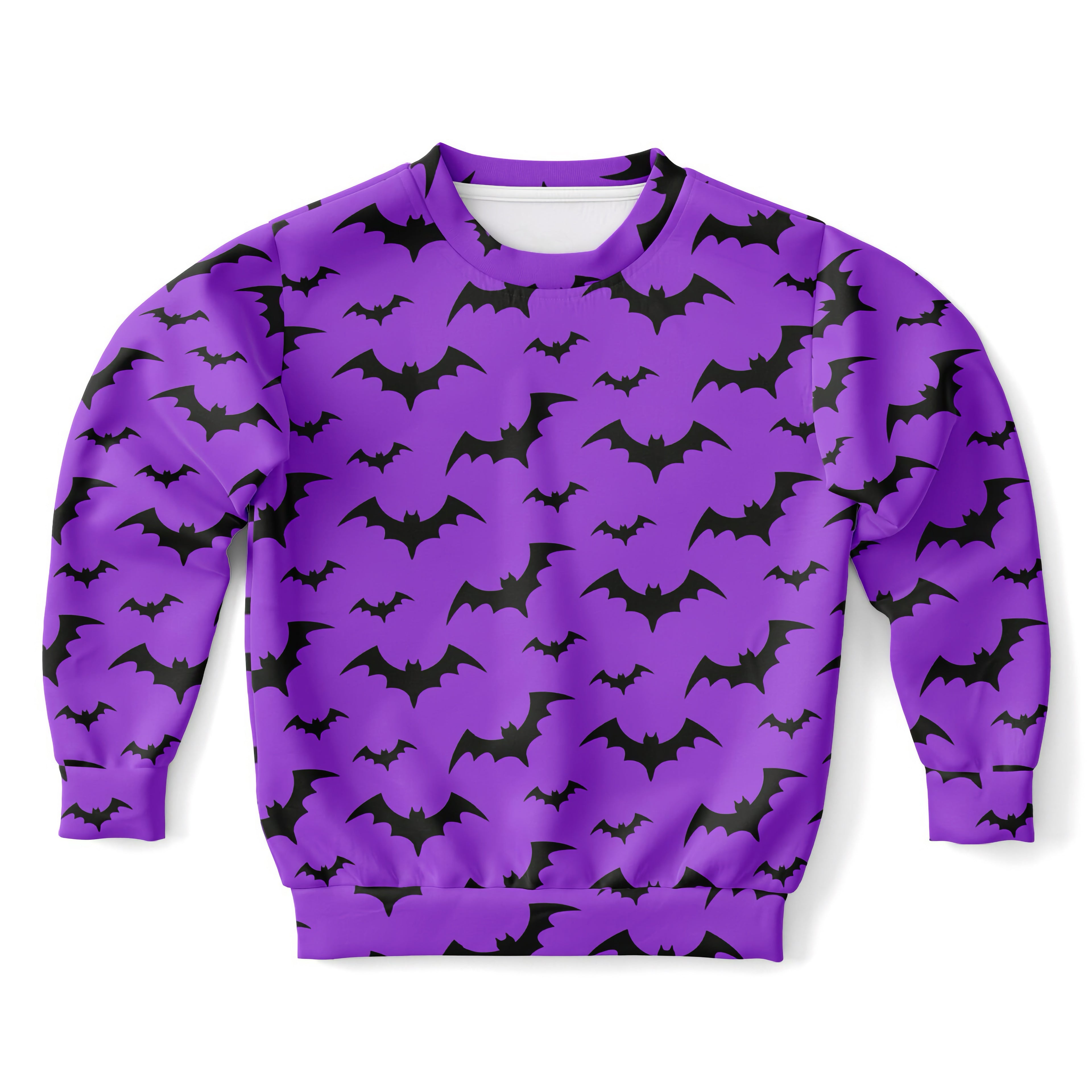 Kids purple sweatshirt with black bat patterns made of cozy cotton fleece or lightweight sports fabric for halloween