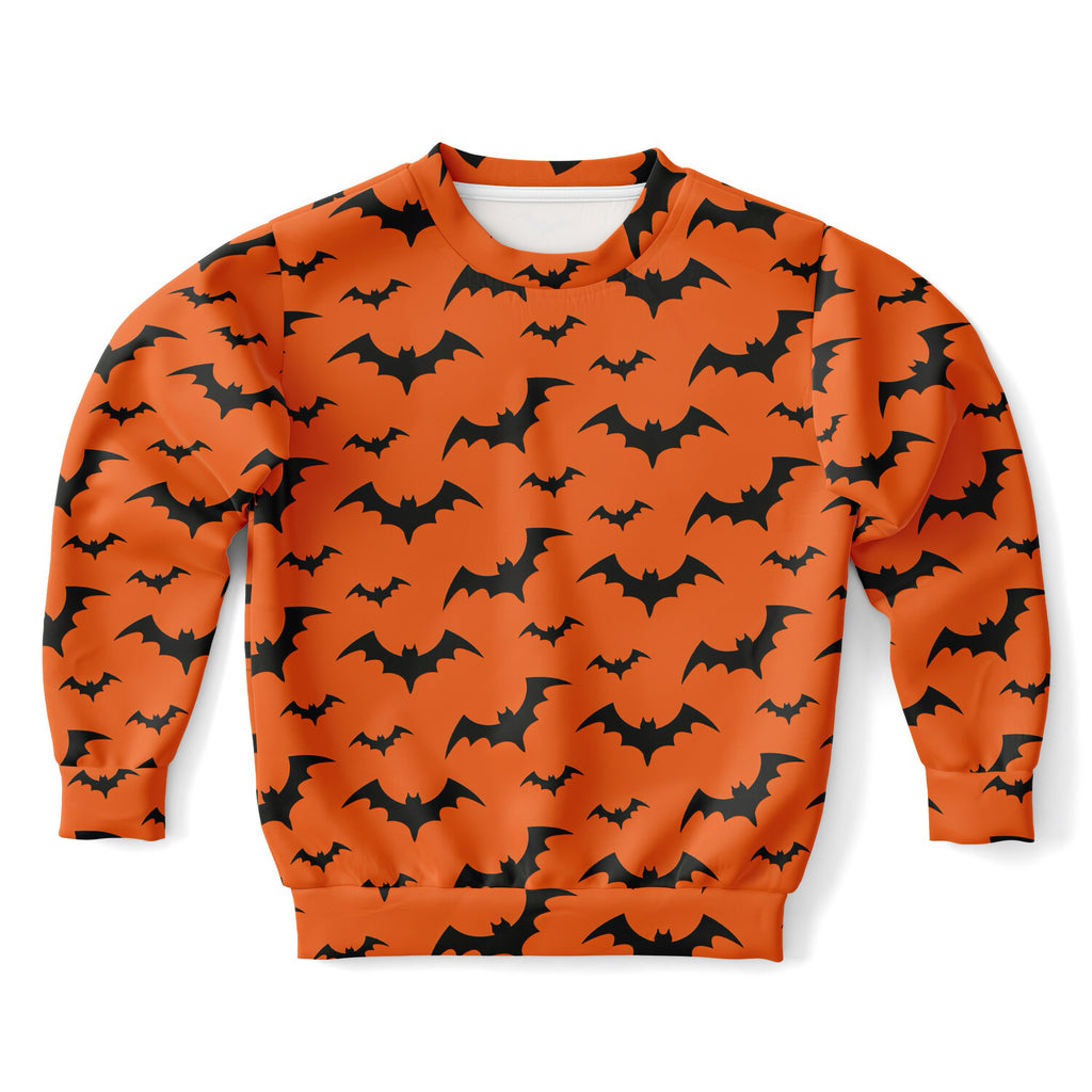Kids orange sweatshirt with black bat patterns made of cozy cotton fleece or lightweight sports fabric for halloween