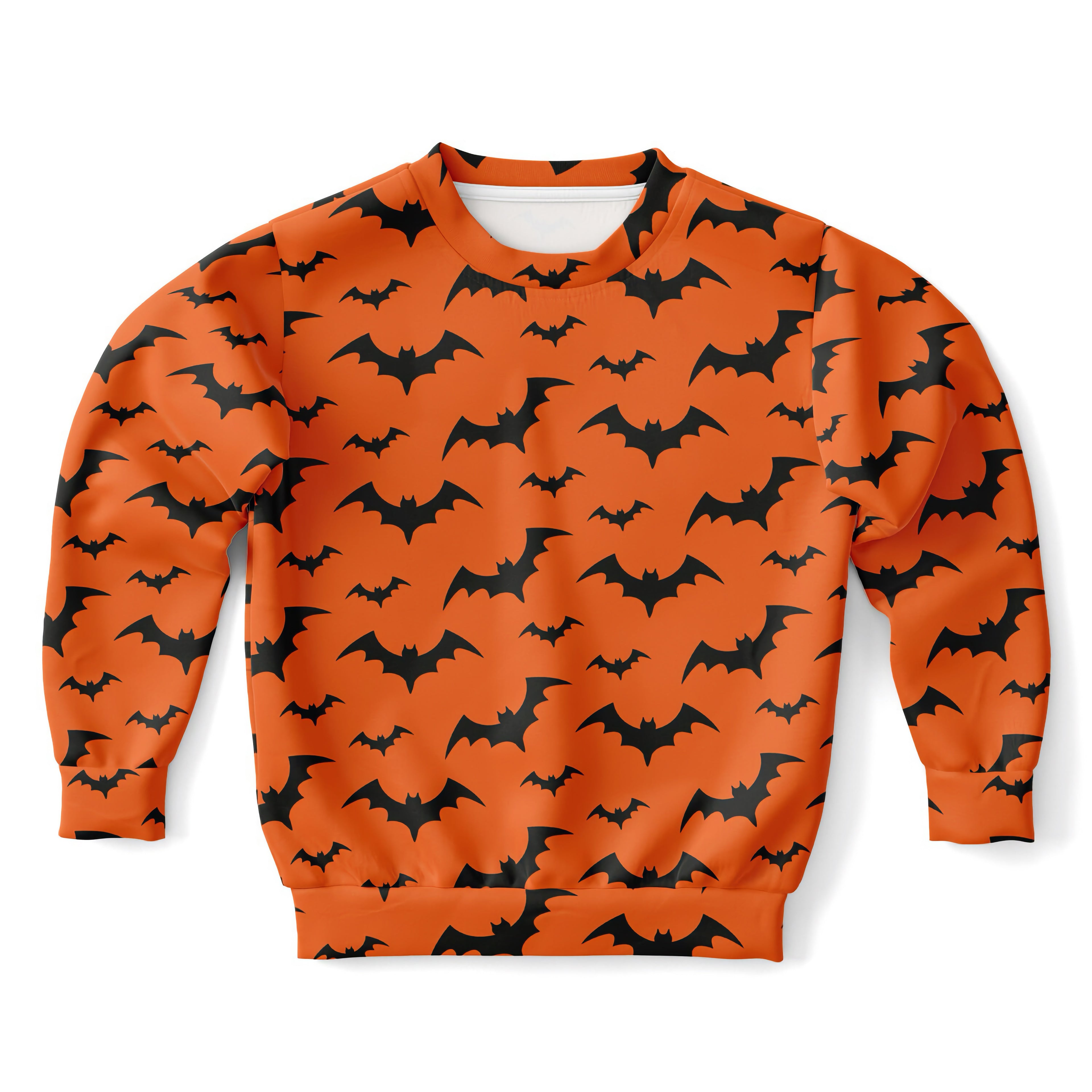 Kids orange sweatshirt with black bat patterns made of cozy cotton fleece or lightweight sports fabric for halloween