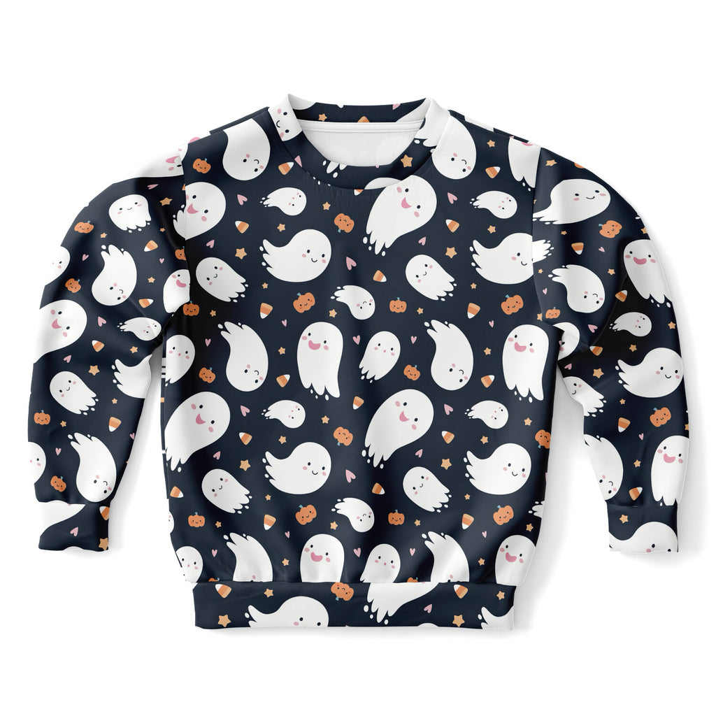 A navy blue kids ghost halloween sweatshirt with white ghosts orange pumpkins and stars in cozy cotton fleece