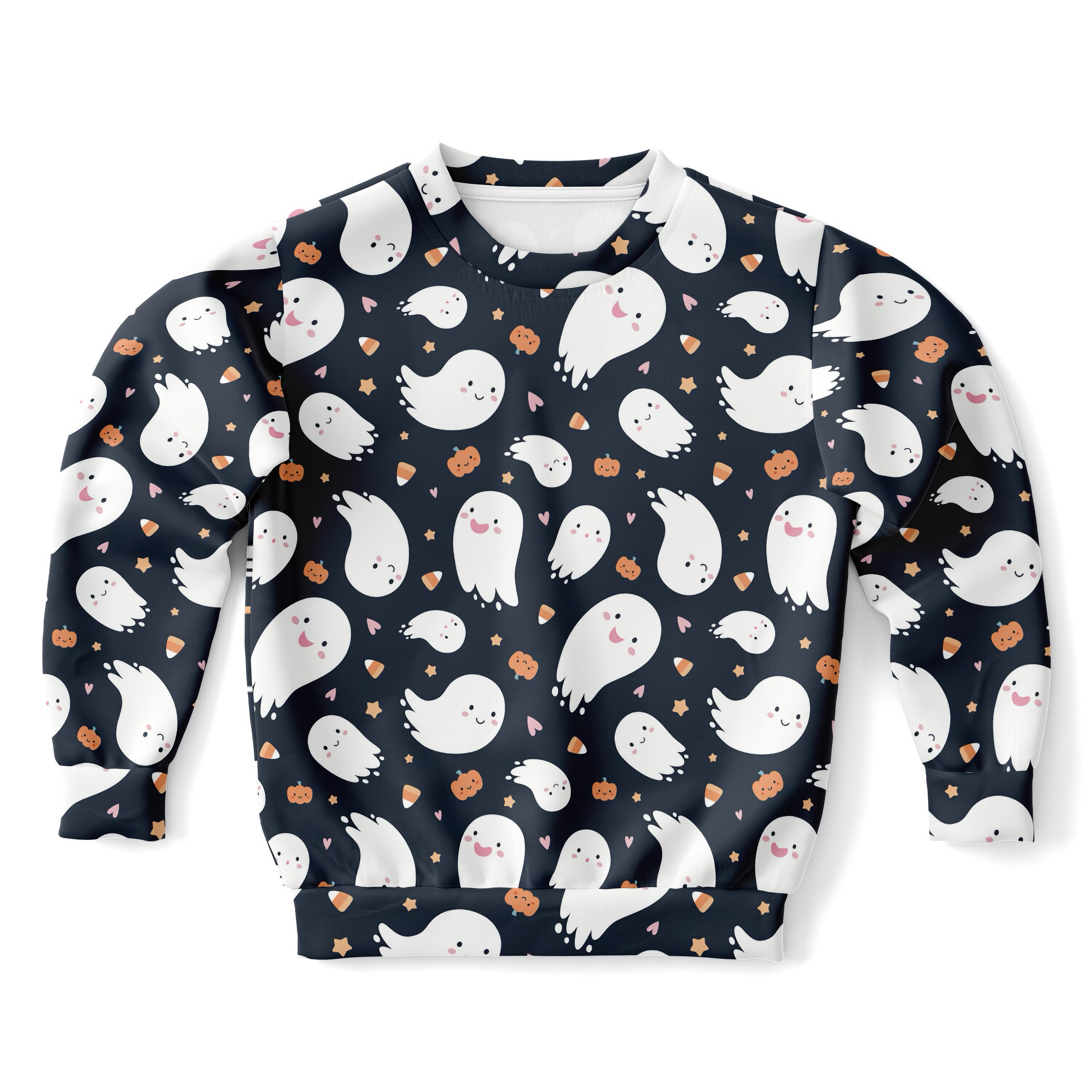 A navy blue kids ghost halloween sweatshirt with white ghosts orange pumpkins and stars in cozy cotton fleece