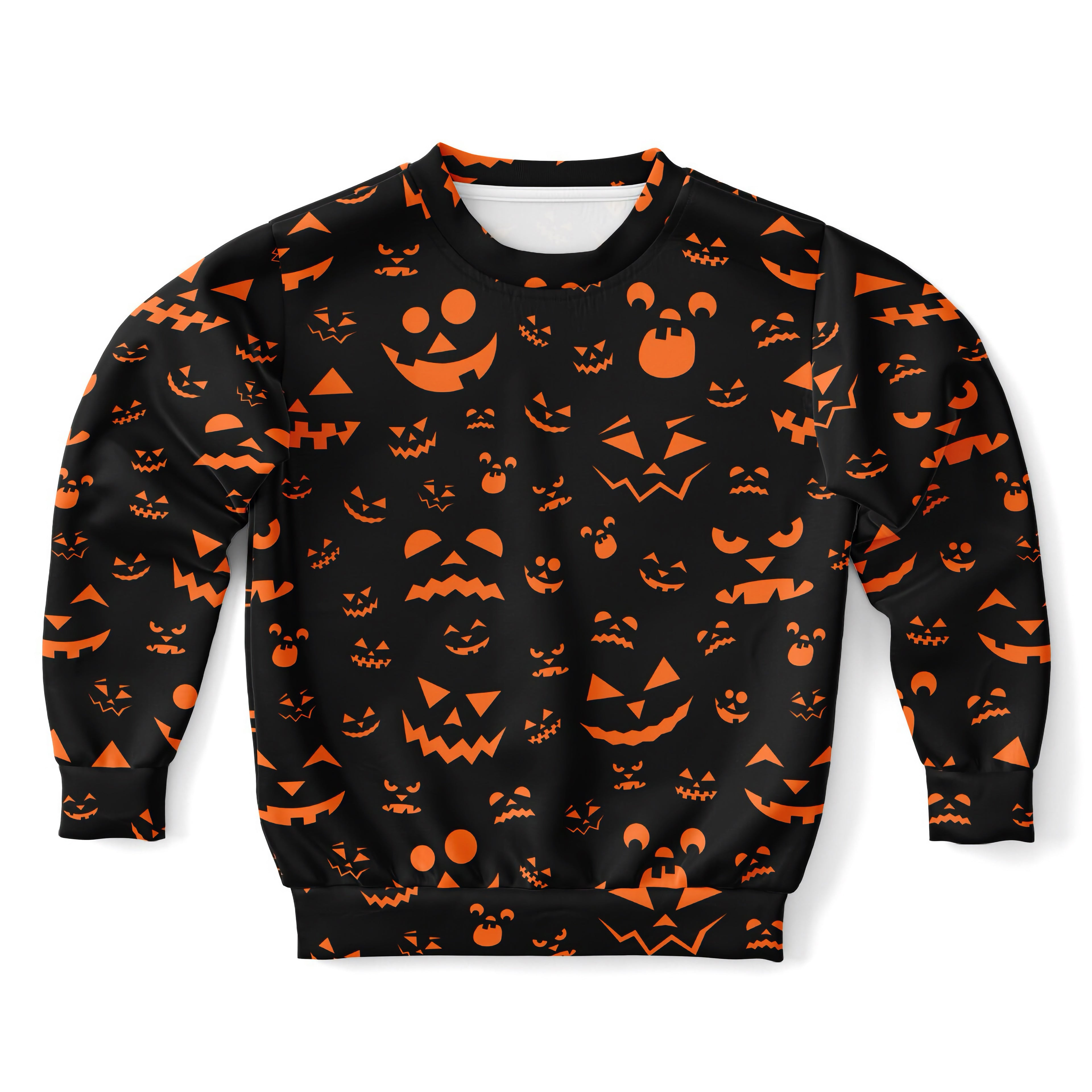Kids jack-o-lantern halloween sweatshirt in black cotton fleece with orange pumpkin face pattern all over
