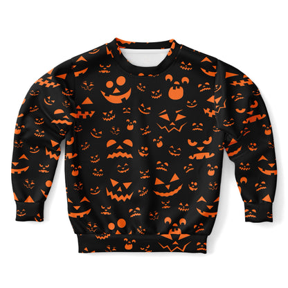 Kids Jack-O’-Lantern Halloween Sweatshirt – Cozy Cotton Fleece or Lightweight Sports Fabric