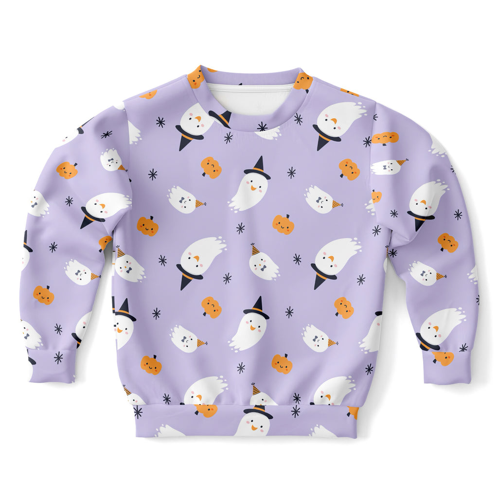 Girls witch ghost halloween sweatshirt in lavender cotton fleece with white ghosts and orange pumpkins pattern