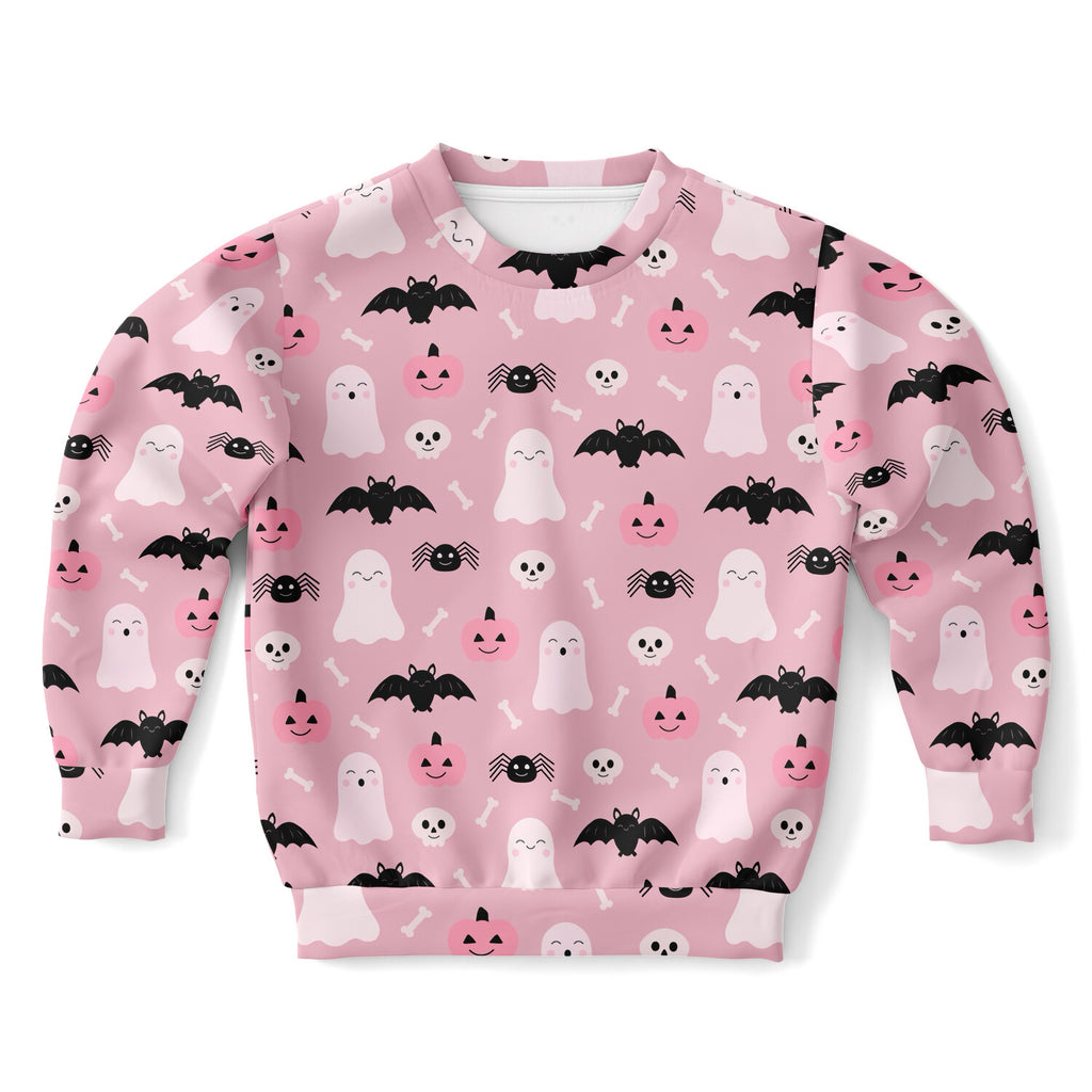 Girls cute ghost and bats pink halloween sweatshirt with black bats white ghosts jack o lanterns on cozy cotton fleece