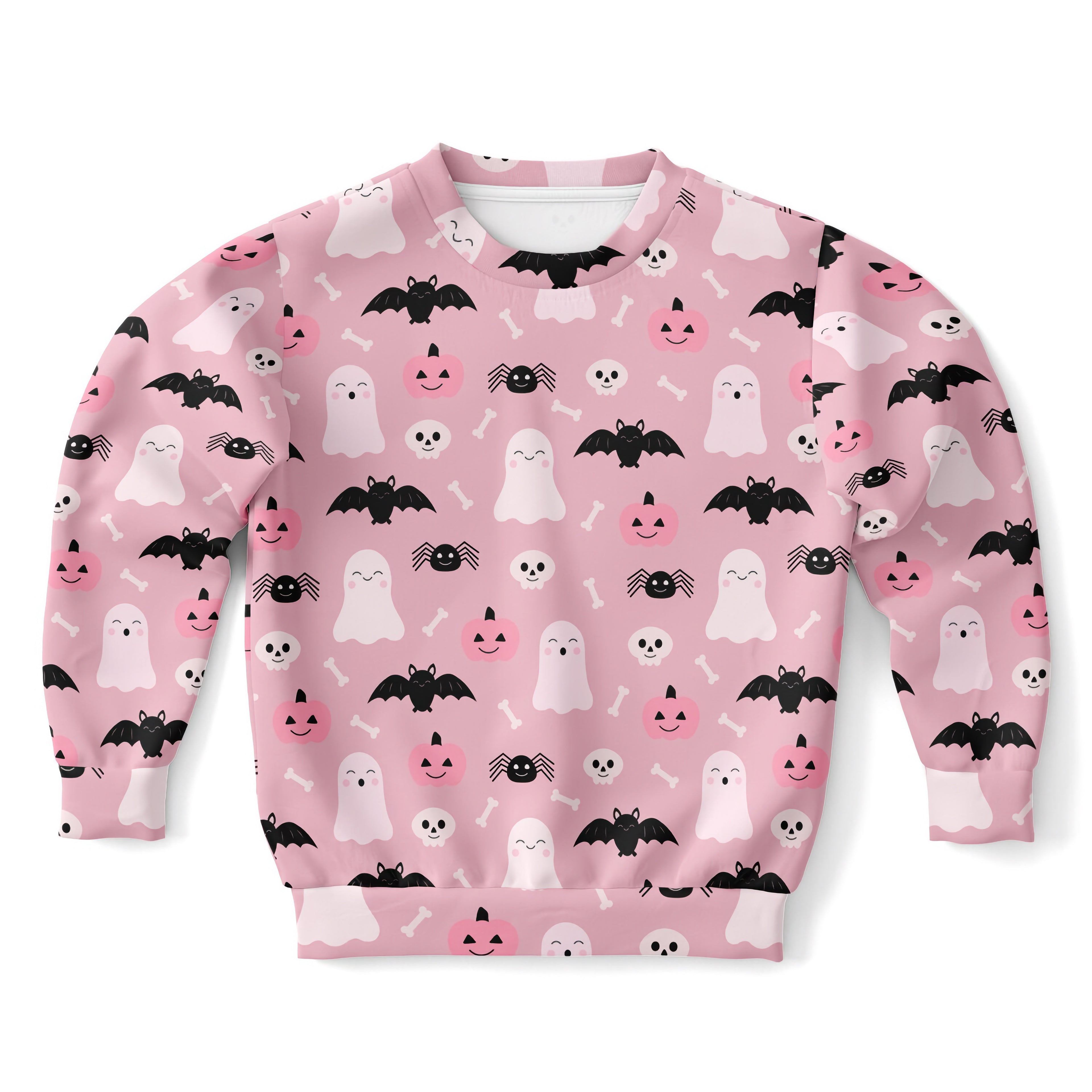 Girls cute ghost and bats pink halloween sweatshirt with black bats white ghosts jack o lanterns on cozy cotton fleece