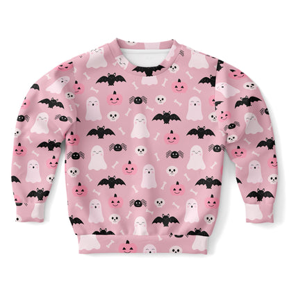 Girls Cute Ghost And Bats Pink Halloween Sweatshirt – Cozy Cotton Fleece or Lightweight Sports Fabric