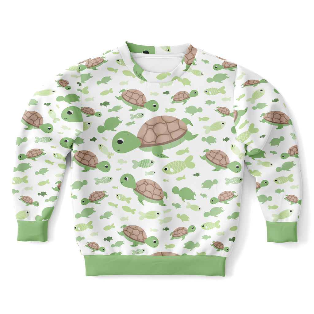 Kids green sea turtles sweatshirt white cotton fleece with playful green and brown turtles swimming among small fish