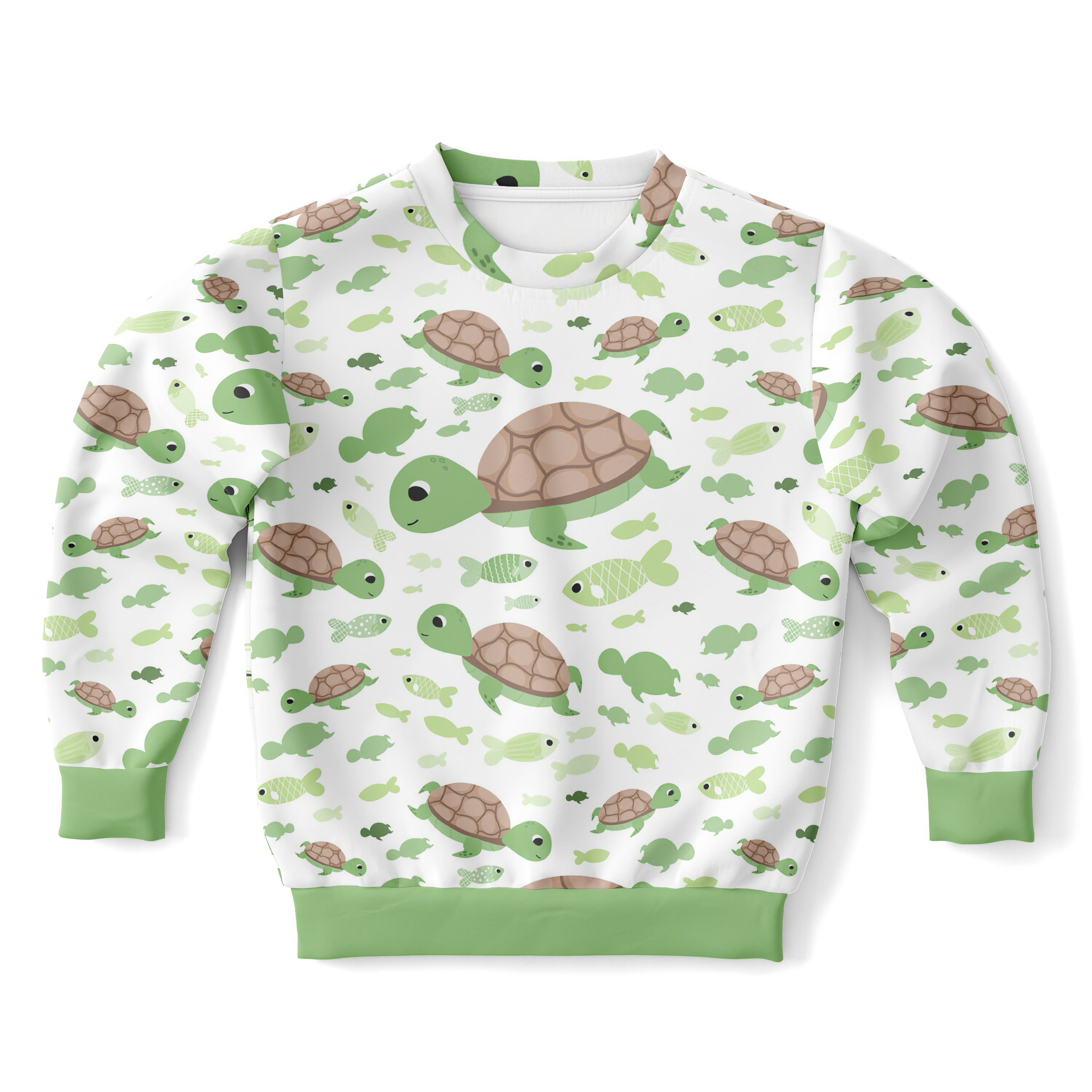 Kids green sea turtles sweatshirt white cotton fleece with playful green and brown turtles swimming among small fish