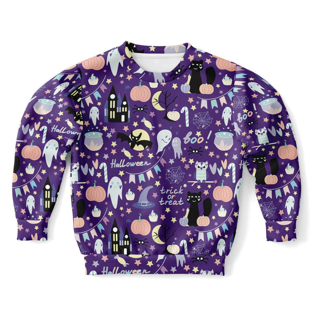 Kids spooky halloween sweatshirt in purple cotton fleece with black cats pumpkins ghosts and candy cane designs