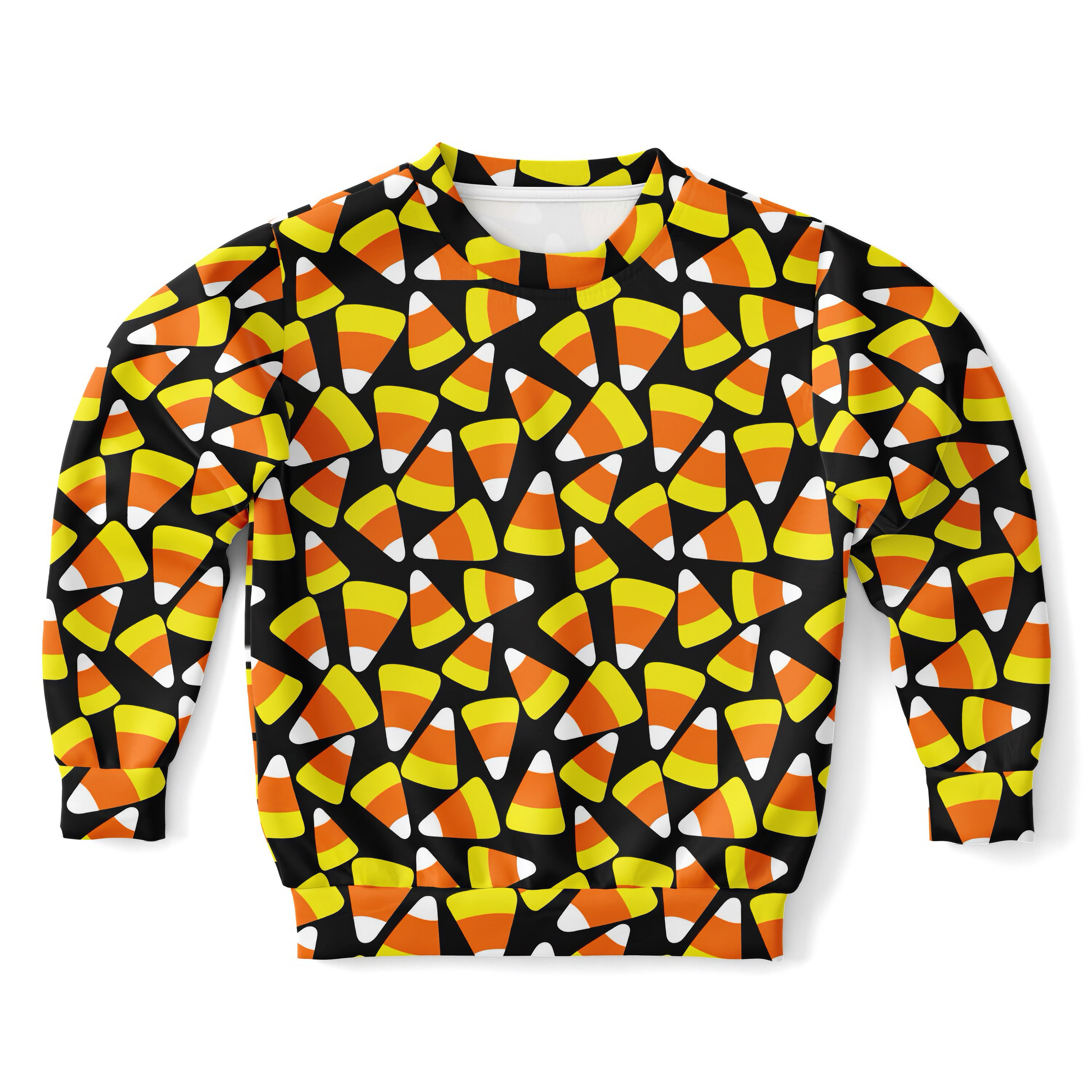A black kids candy corn halloween sweatshirt with vibrant orange yellow white print in cozy cotton fleece fabric
