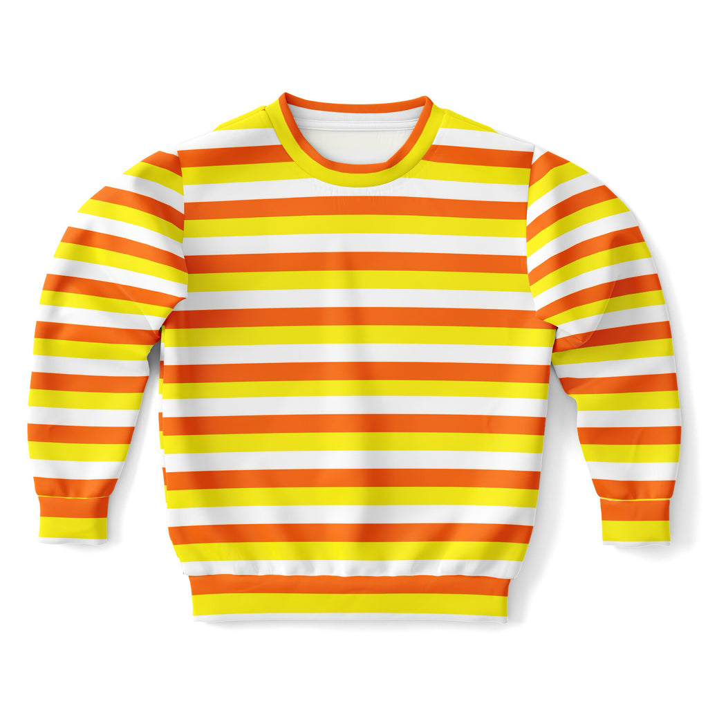 Kids candy corn stripes halloween sweatshirt with bold orange yellow white stripes in cozy cotton fleece fabric