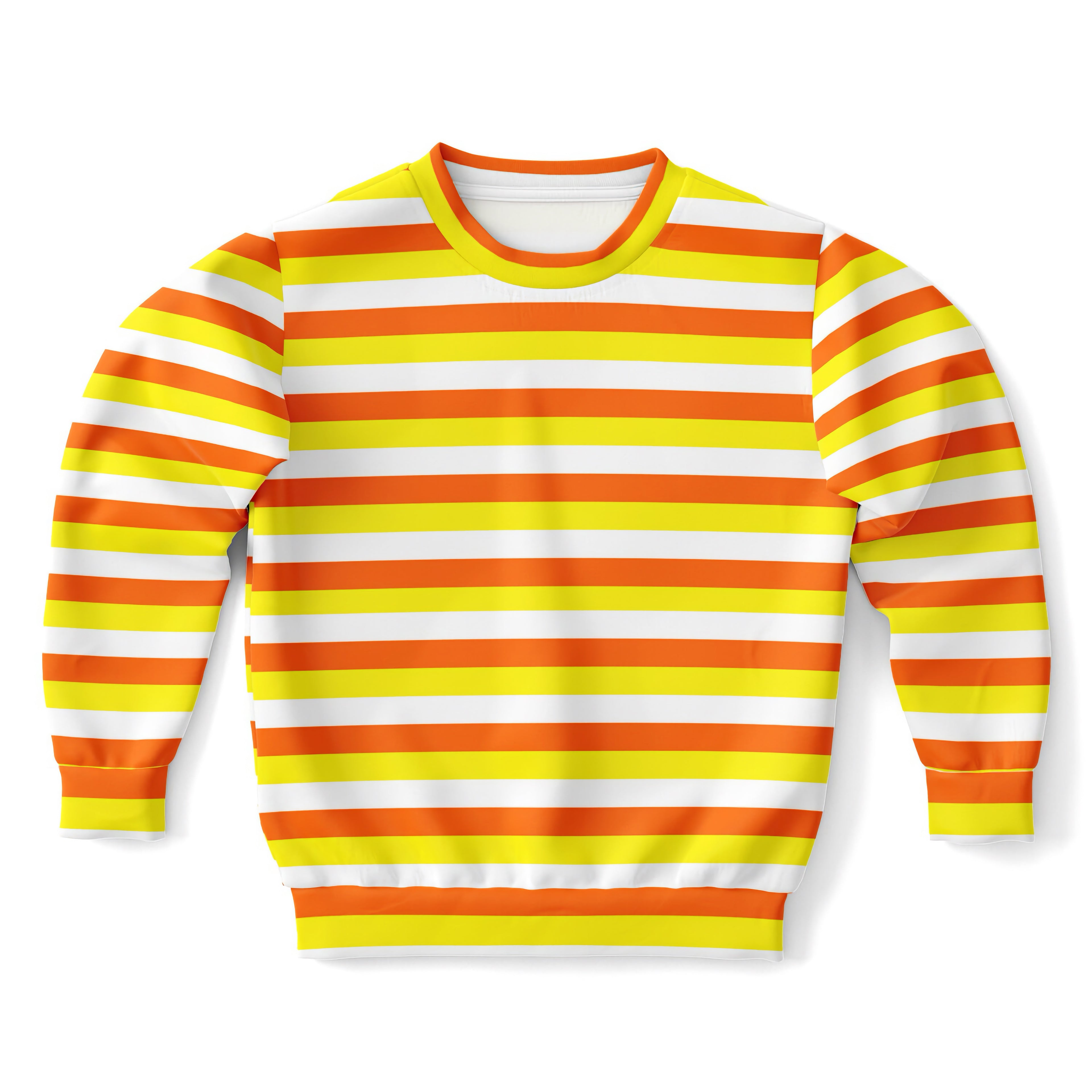 Kids candy corn stripes halloween sweatshirt with bold orange yellow white stripes in cozy cotton fleece fabric