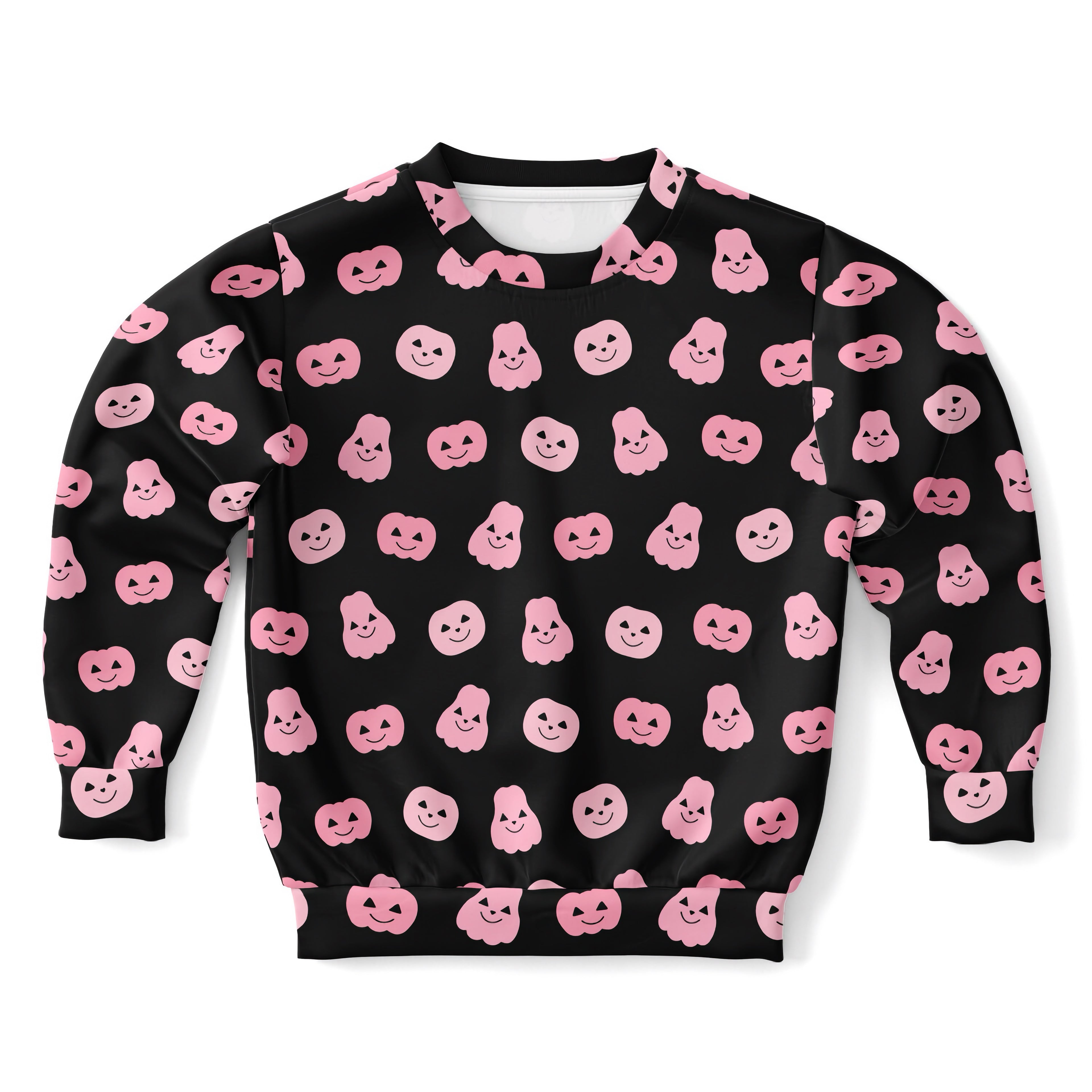Black girls sweatshirt with pink smiling pumpkins and ghosts all-over print in cozy cotton fleece or lightweight fabric