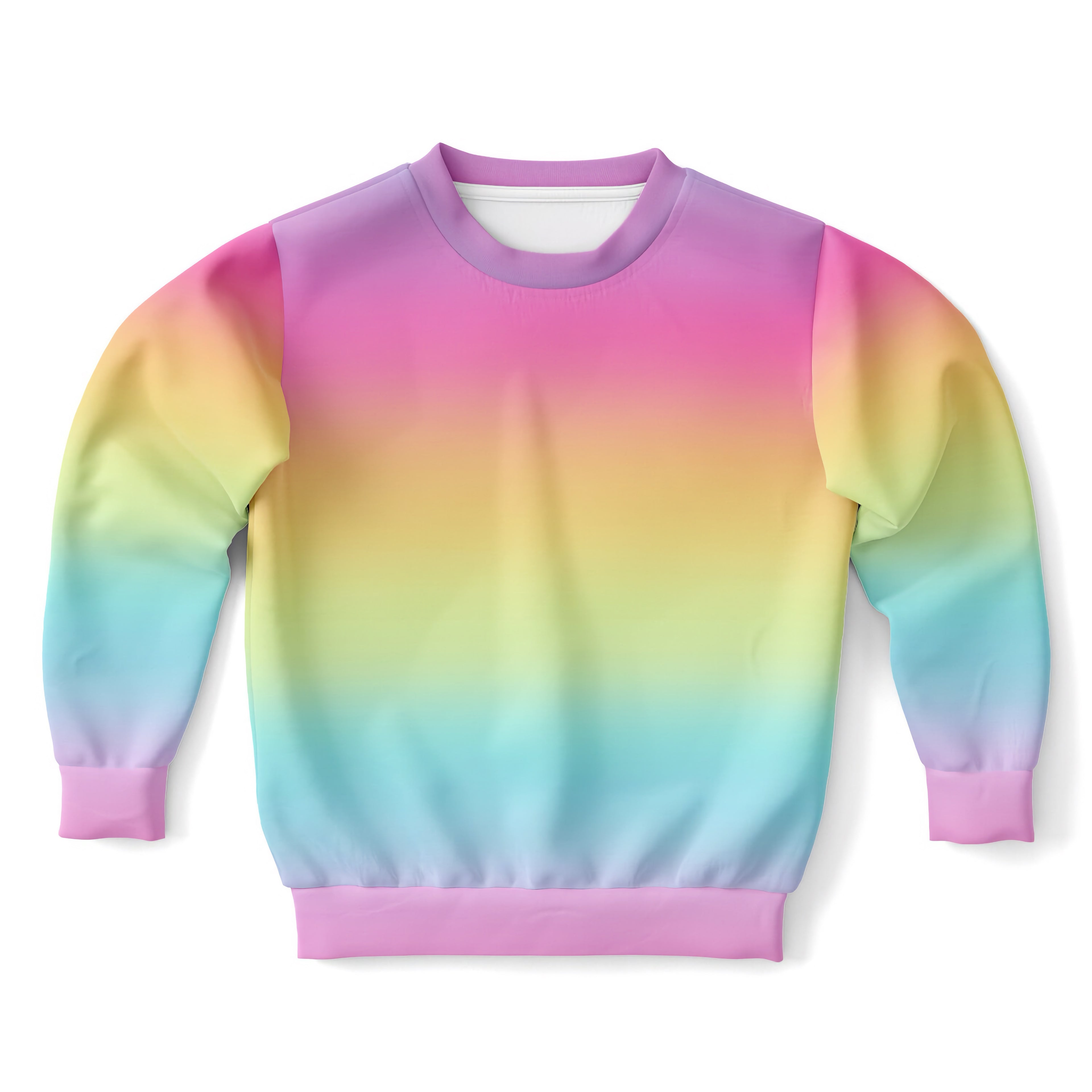 Girls bright rainbow sweatshirt with vibrant gradient, soft smooth fabric, ribbed pink cuffs, cozy cotton fleece material