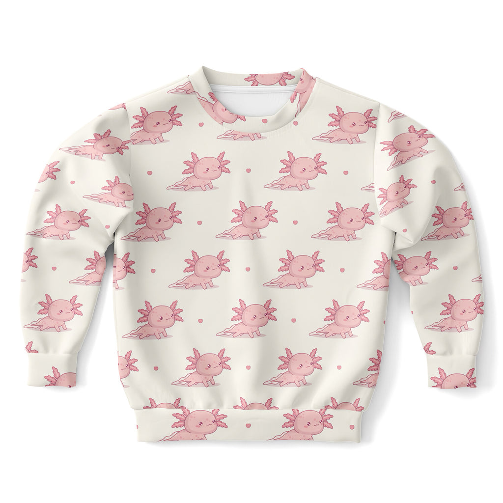 Girls Pink Axolotl Sweatshirt – Cozy Cotton Fleece or Lightweight Sports Fabric