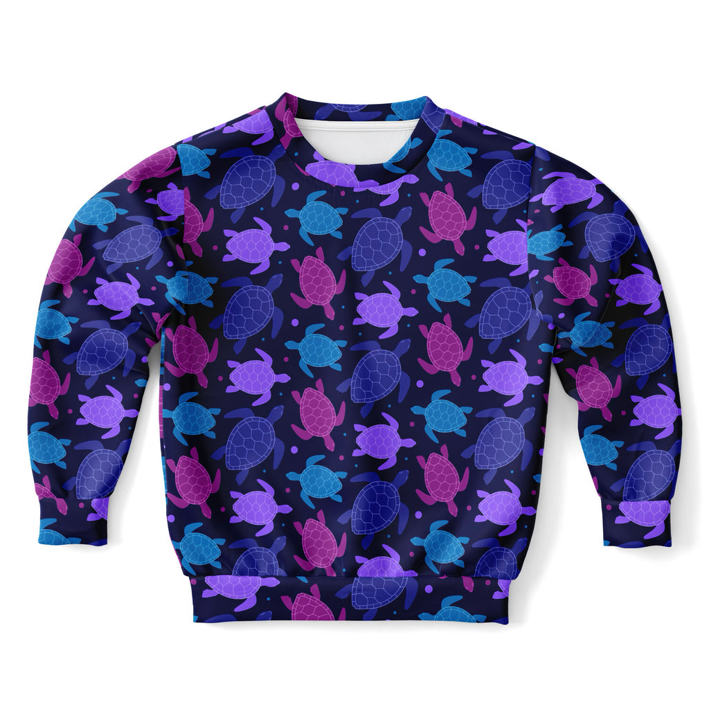 Girls purple sea turtle sweatshirt in navy blue with vibrant purple and teal print made from cozy cotton fleece