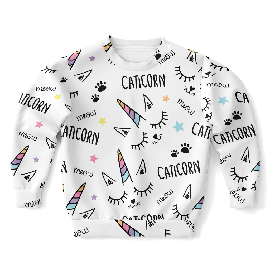 White girls magical caticorn sweatshirt with playful rainbow unicorn horns and cat prints in cozy cotton fleece