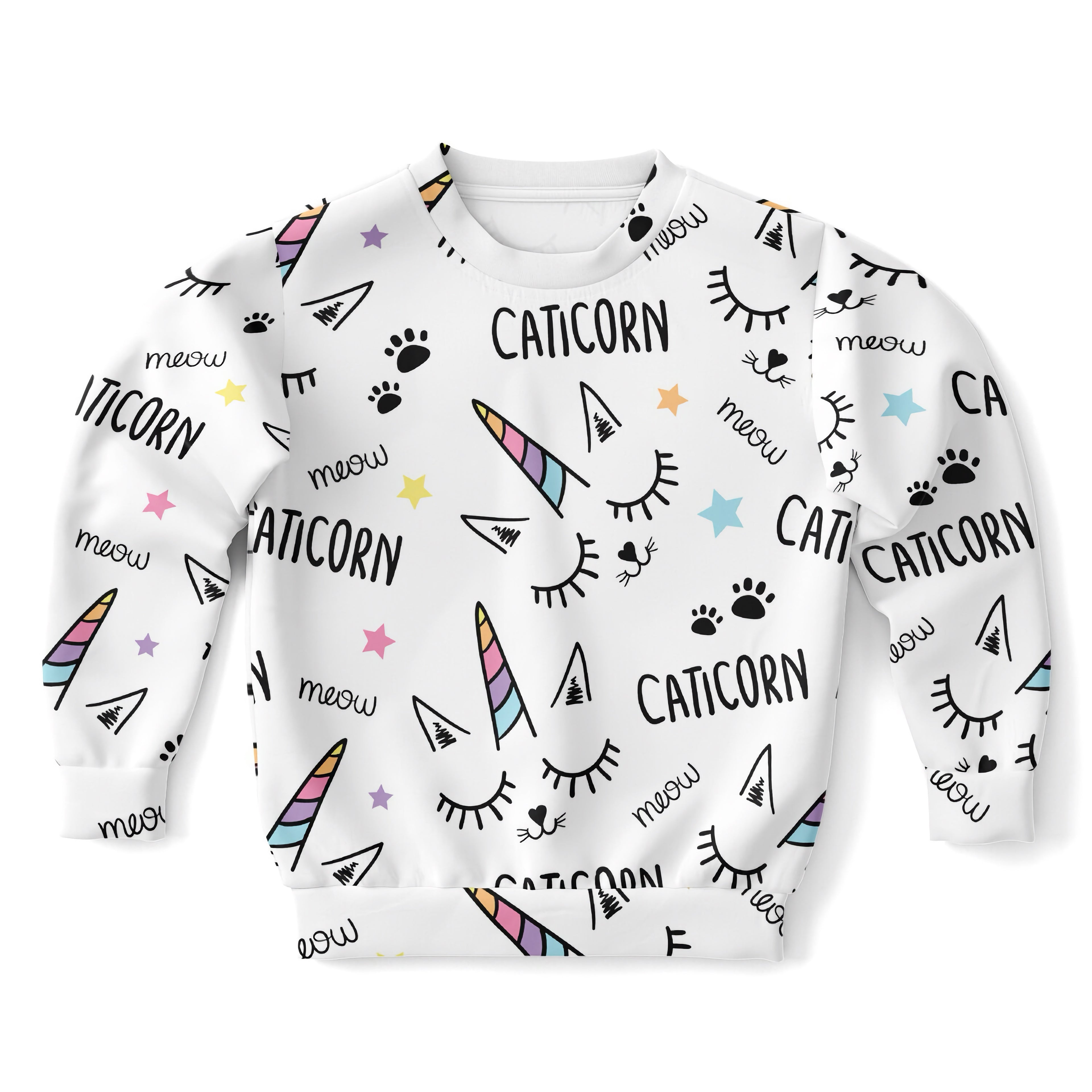 White girls magical caticorn sweatshirt with playful rainbow unicorn horns and cat prints in cozy cotton fleece