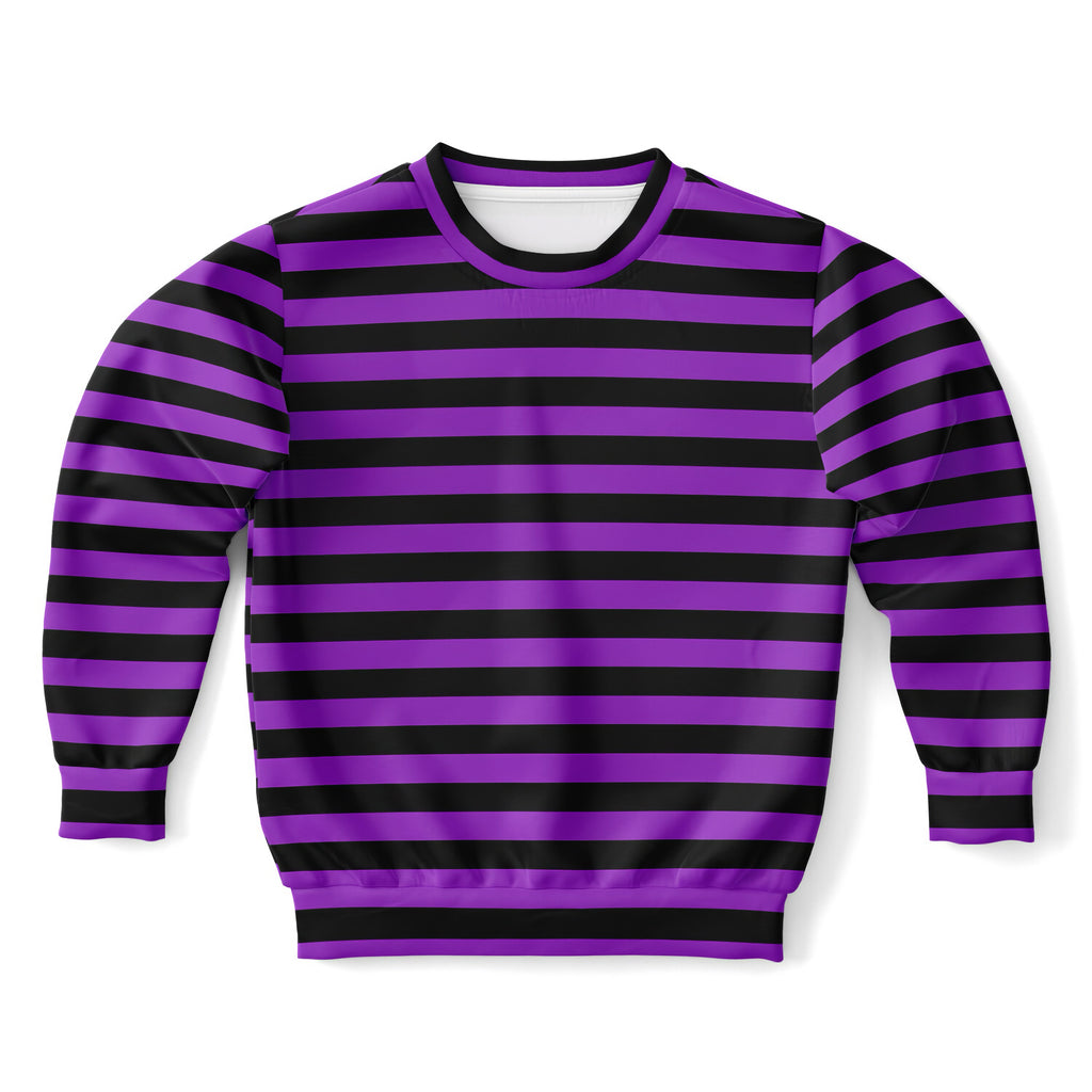 Kids purple and black striped halloween sweatshirt in cozy cotton fleece with long sleeves and classic crew neck