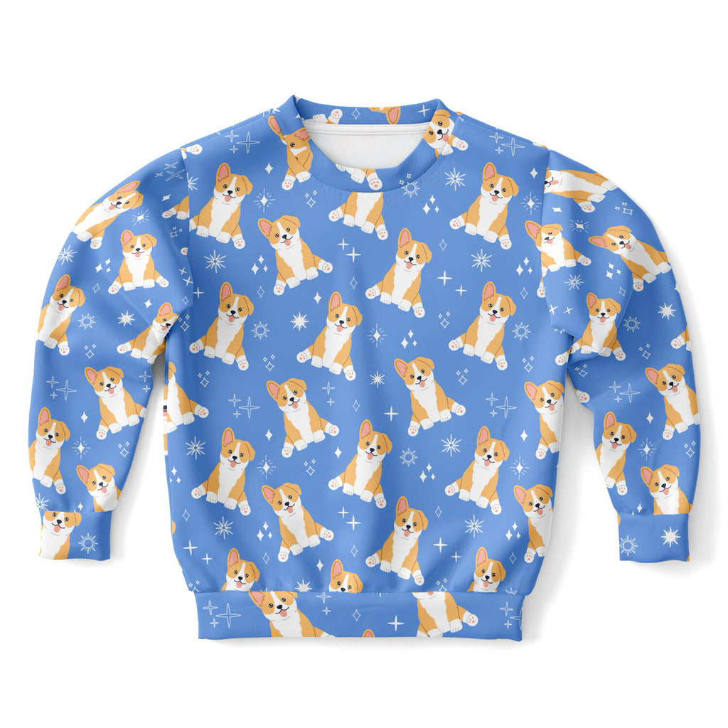 Kids Blue Corgi Dog Sweatshirt – Cozy Cotton Fleece or Lightweight Sports Fabric