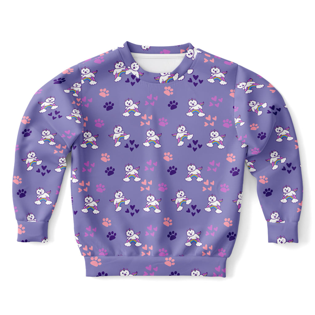 Girls purple caticorns sweatshirt in cozy cotton fleece with playful cartoon winged cats rainbows and paw prints