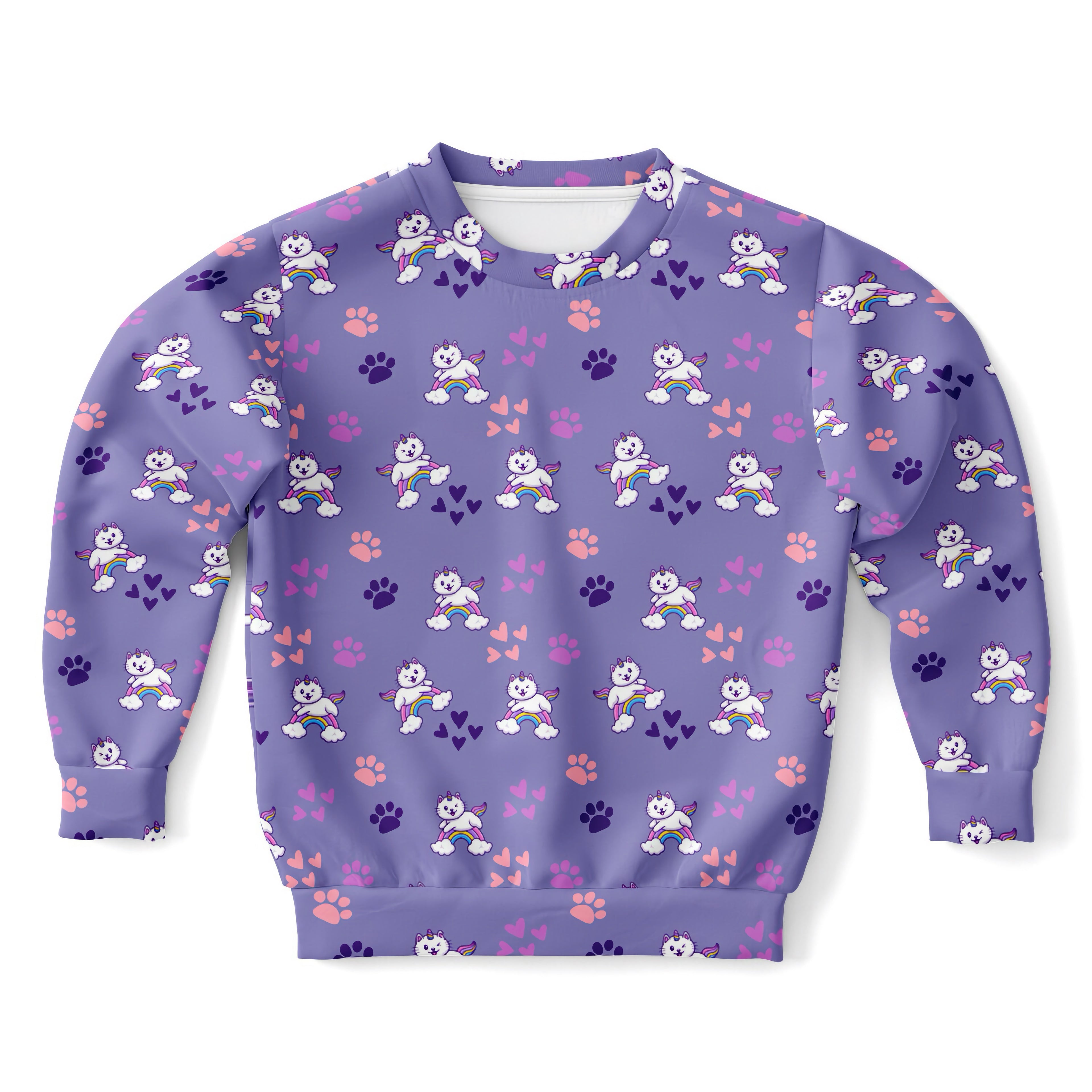 Girls purple caticorns sweatshirt in cozy cotton fleece with playful cartoon winged cats rainbows and paw prints