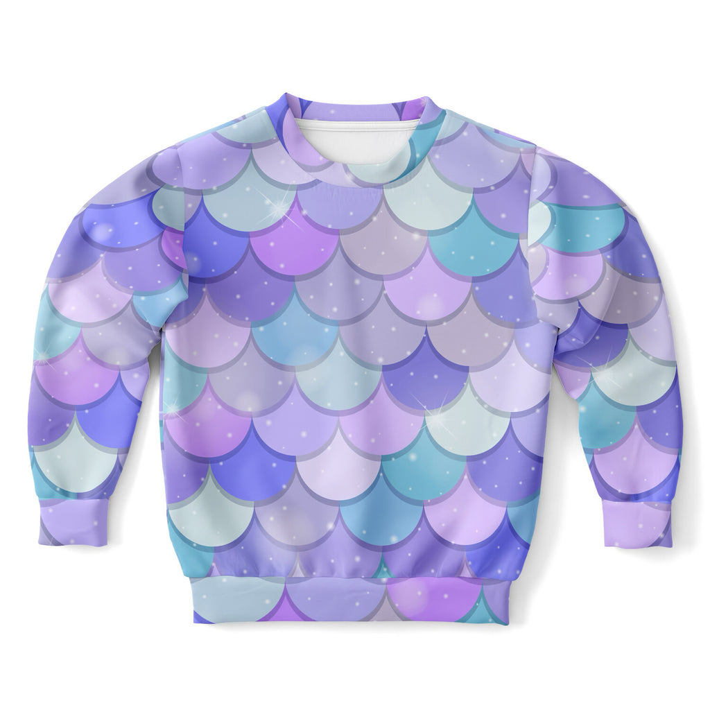 Girls purple mermaid scales sweatshirt with vibrant glittery pattern in cozy cotton fleece or lightweight sports fabric