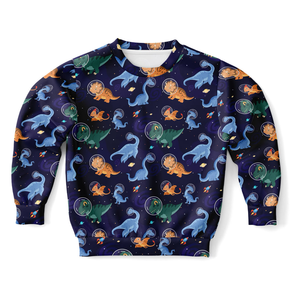 Kids space dinosaur sweatshirt in navy blue cotton fleece with playful astronaut dinosaur print and space elements