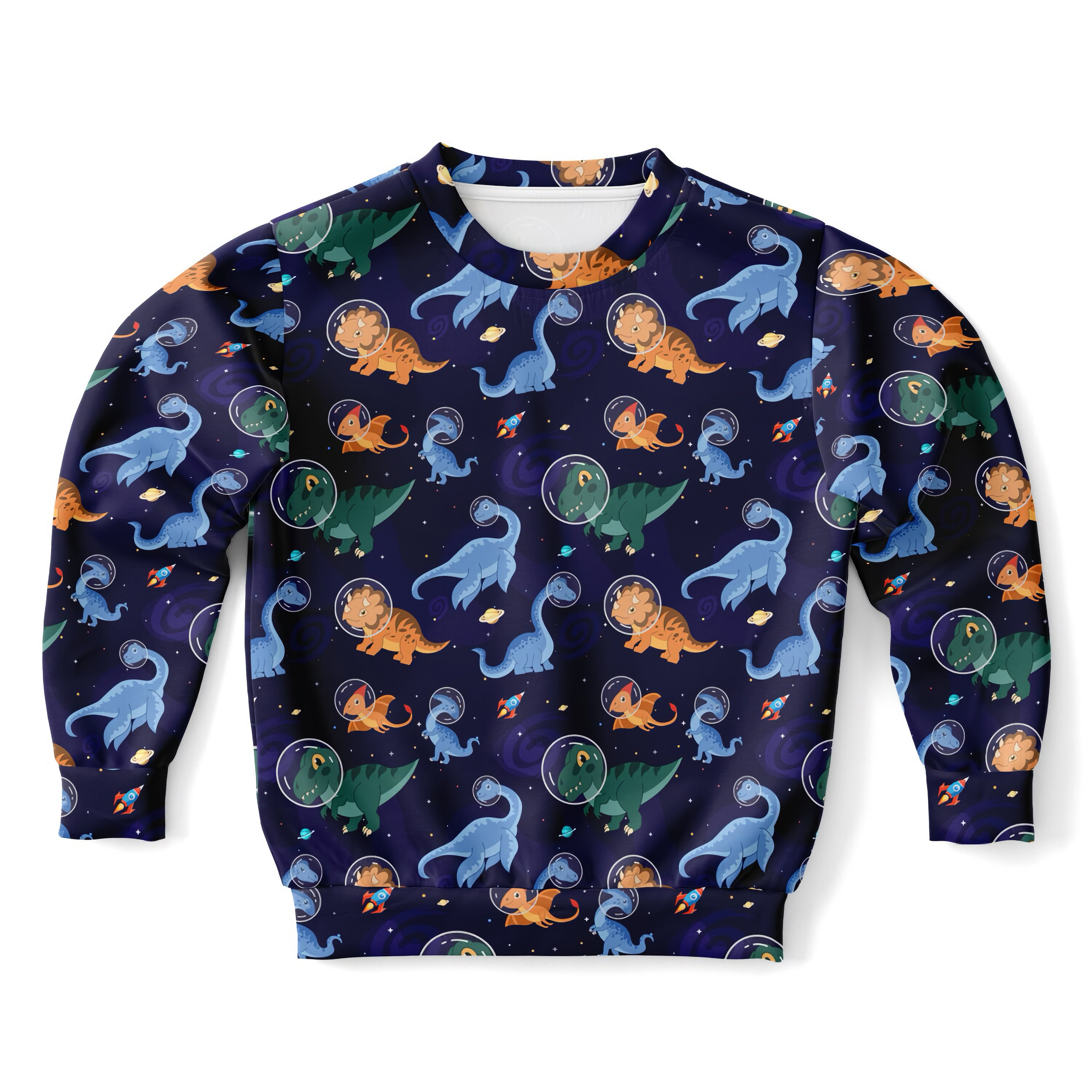 Kids space dinosaur sweatshirt in navy blue cotton fleece with playful astronaut dinosaur print and space elements