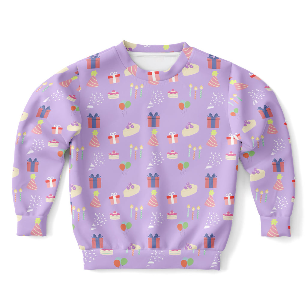 Girls purple birthday pattern sweatshirt with playful pastel prints in cozy cotton fleece or lightweight sports fabric