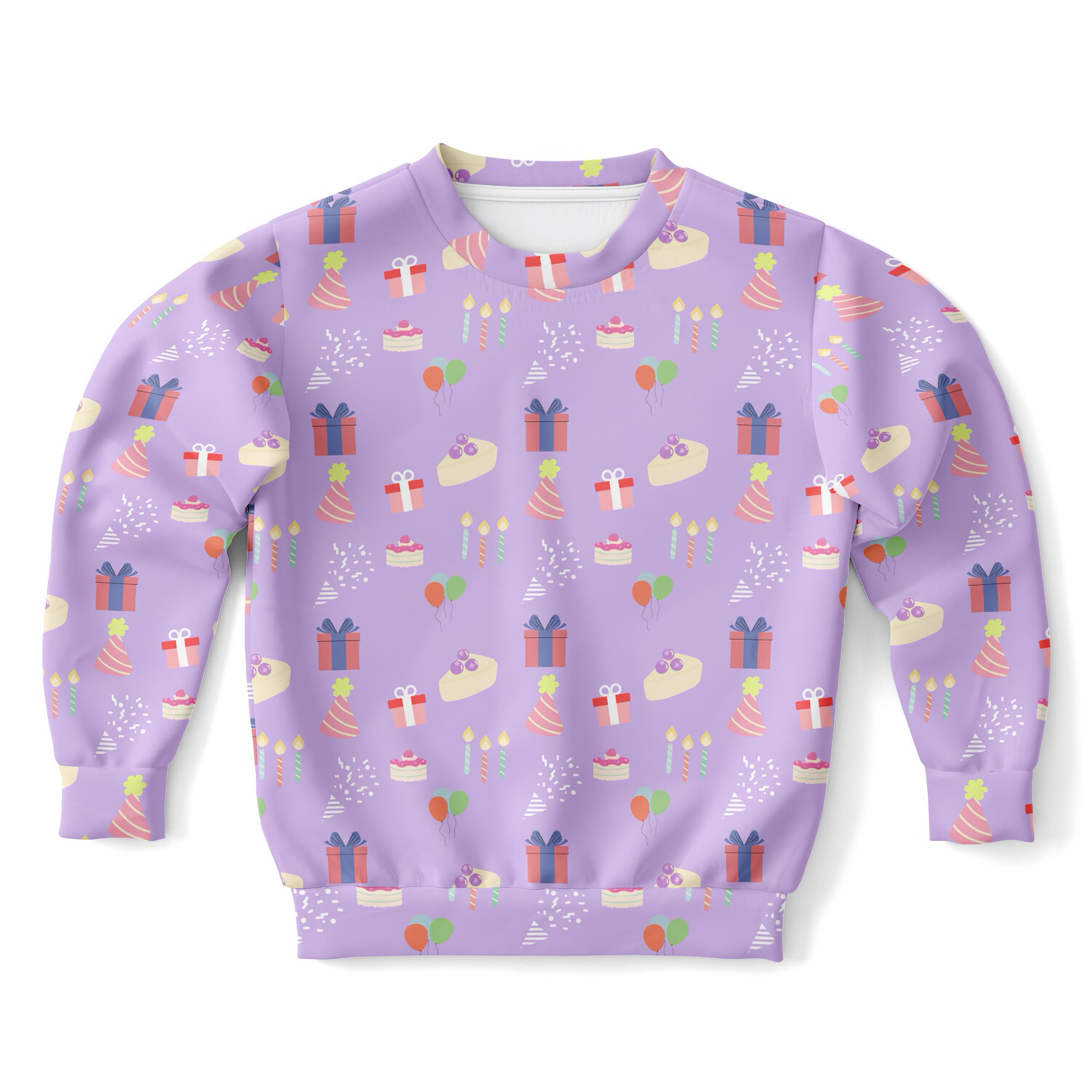 Girls purple birthday pattern sweatshirt with playful pastel prints in cozy cotton fleece or lightweight sports fabric