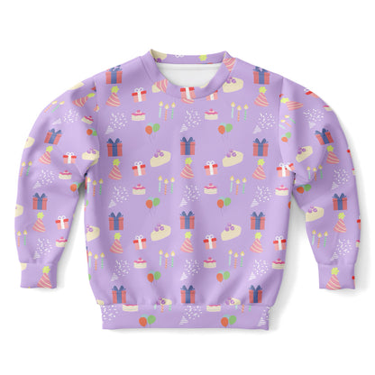 Girls Purple Birthday Pattern Sweatshirt – Cozy Cotton Fleece or Lightweight Sports Fabric