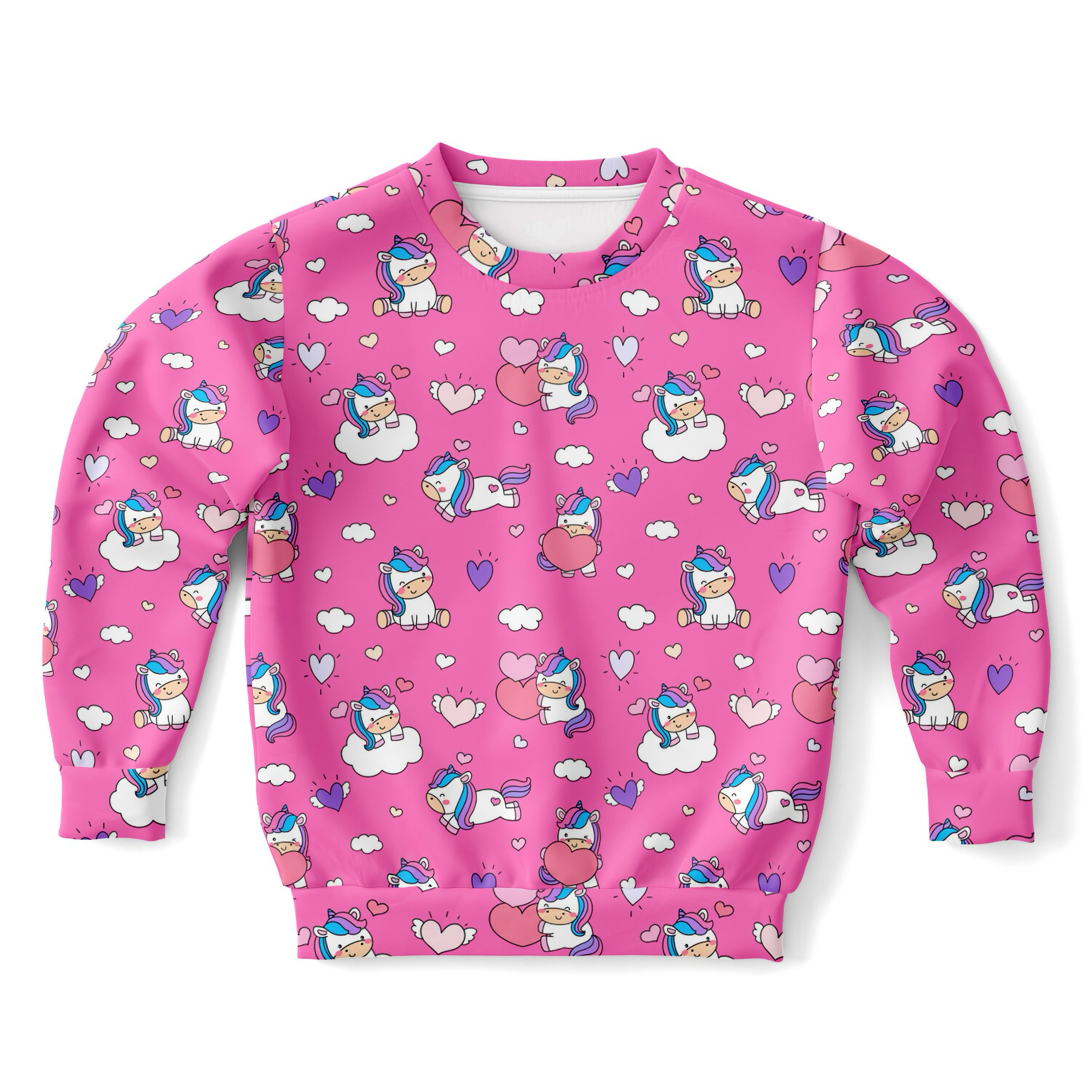 Pink girls sweatshirt with playful unicorn hearts print made of cozy cotton fleece or lightweight sports fabric