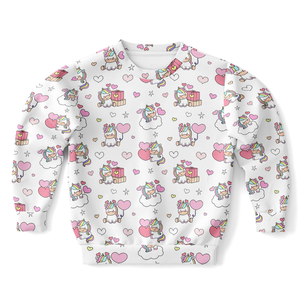 White girls unicorn birthday sweatshirt with playful pastel unicorn print in cozy cotton fleece or lightweight sports fabric