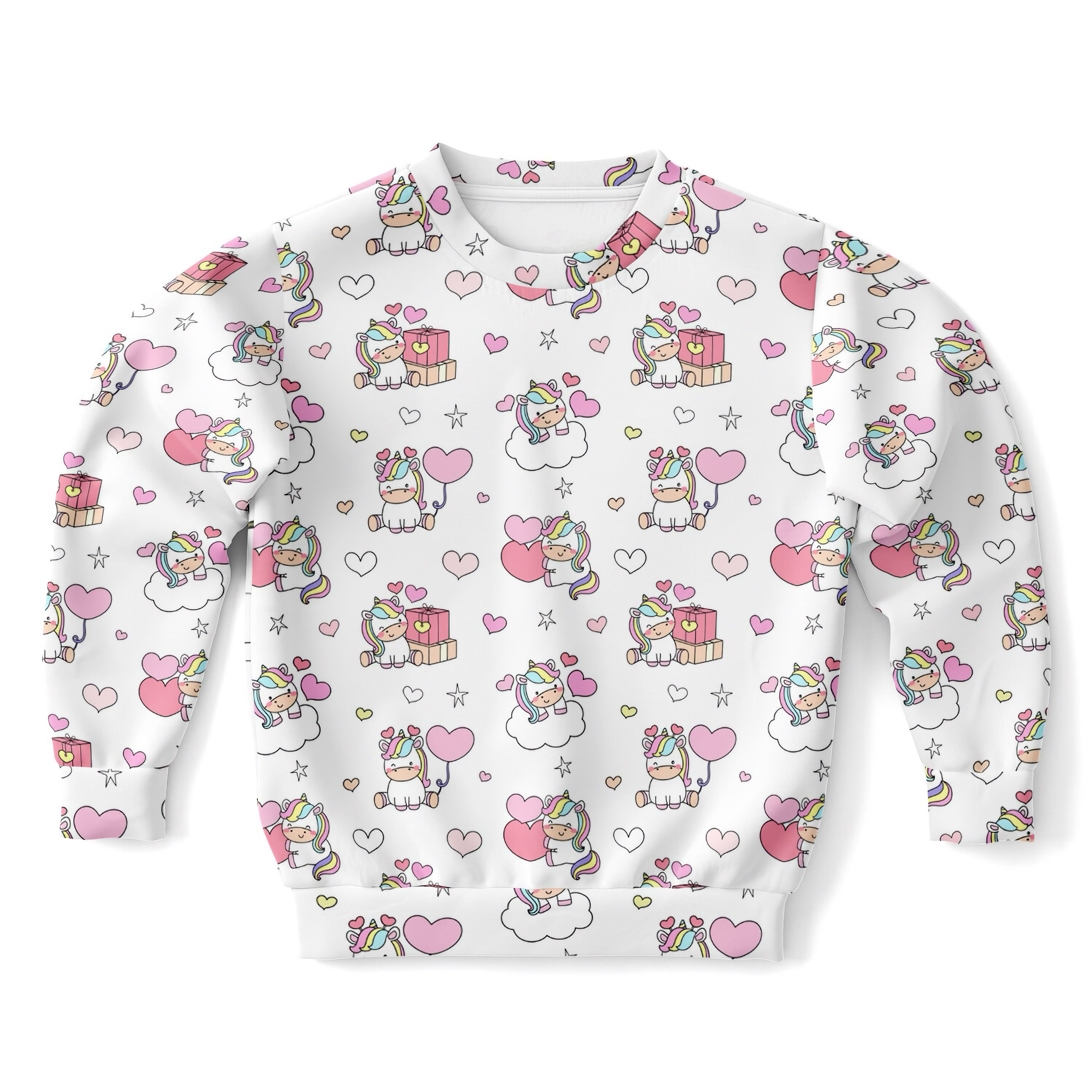 White girls unicorn birthday sweatshirt with playful pastel unicorn print in cozy cotton fleece or lightweight sports fabric