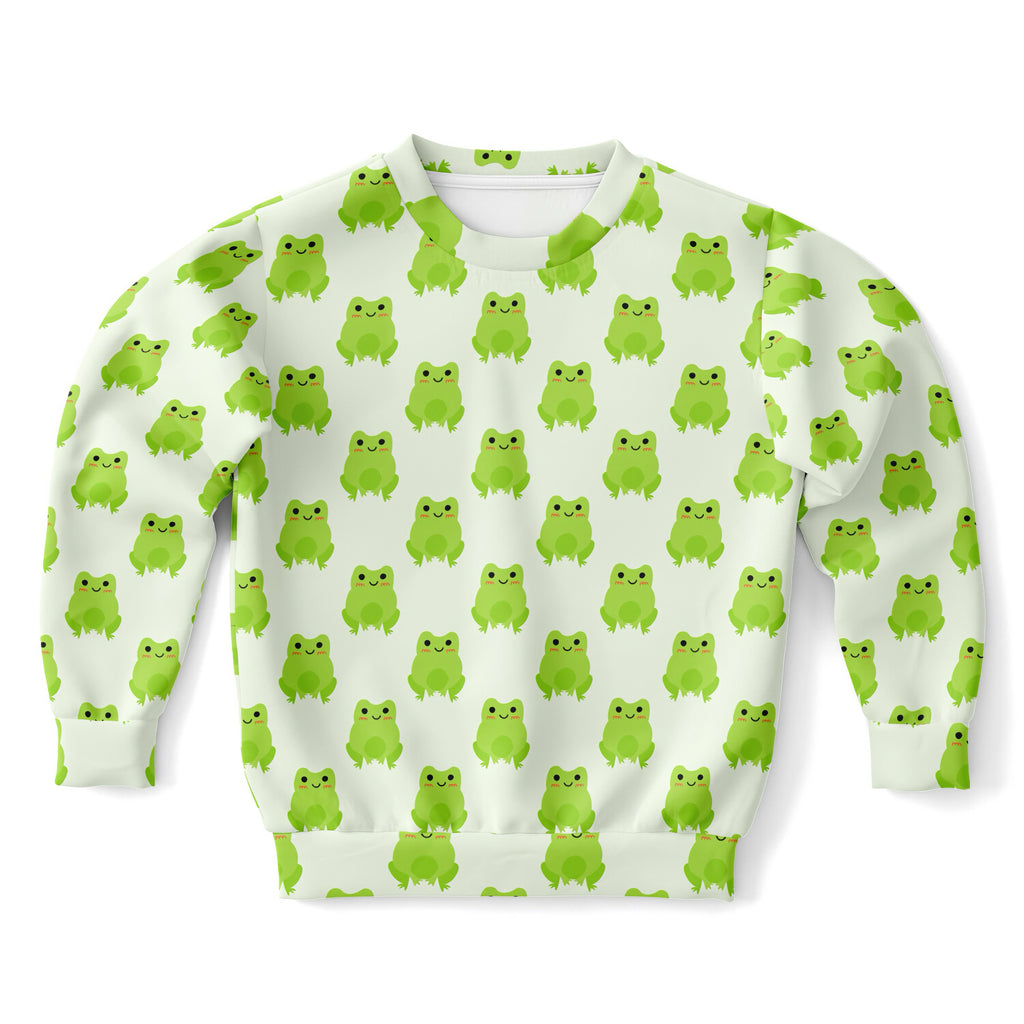Kids green frog sweatshirt featuring bright green cartoon frogs on soft white cozy cotton fleece fabric