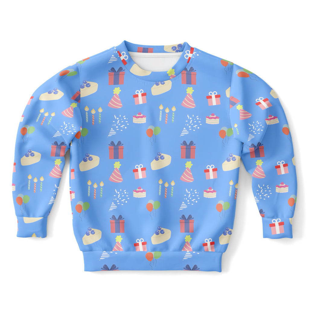 Kids blue birthday pattern sweatshirt with playful gift party hat cake balloon designs in cozy cotton fleece fabric