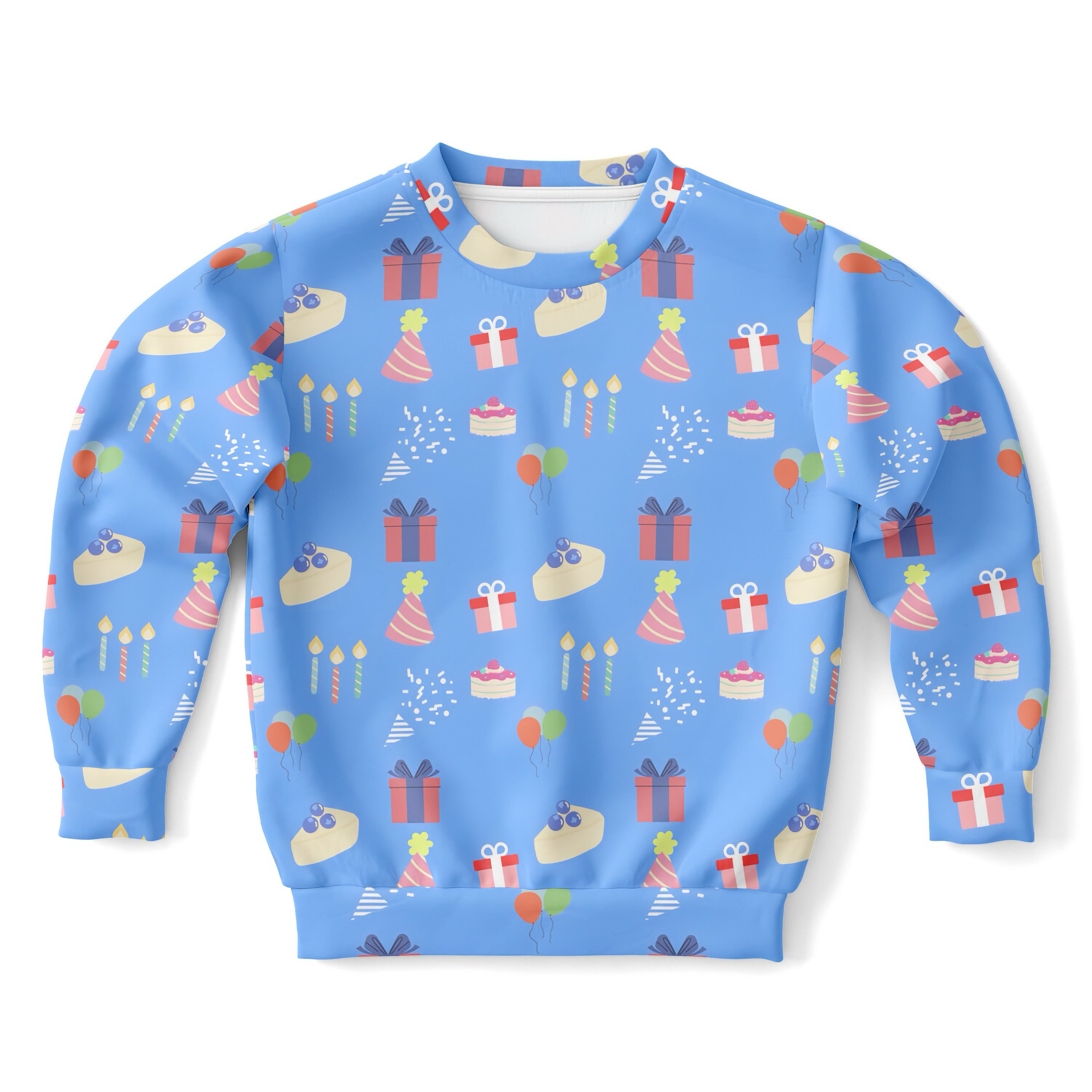 Kids blue birthday pattern sweatshirt with playful gift party hat cake balloon designs in cozy cotton fleece fabric